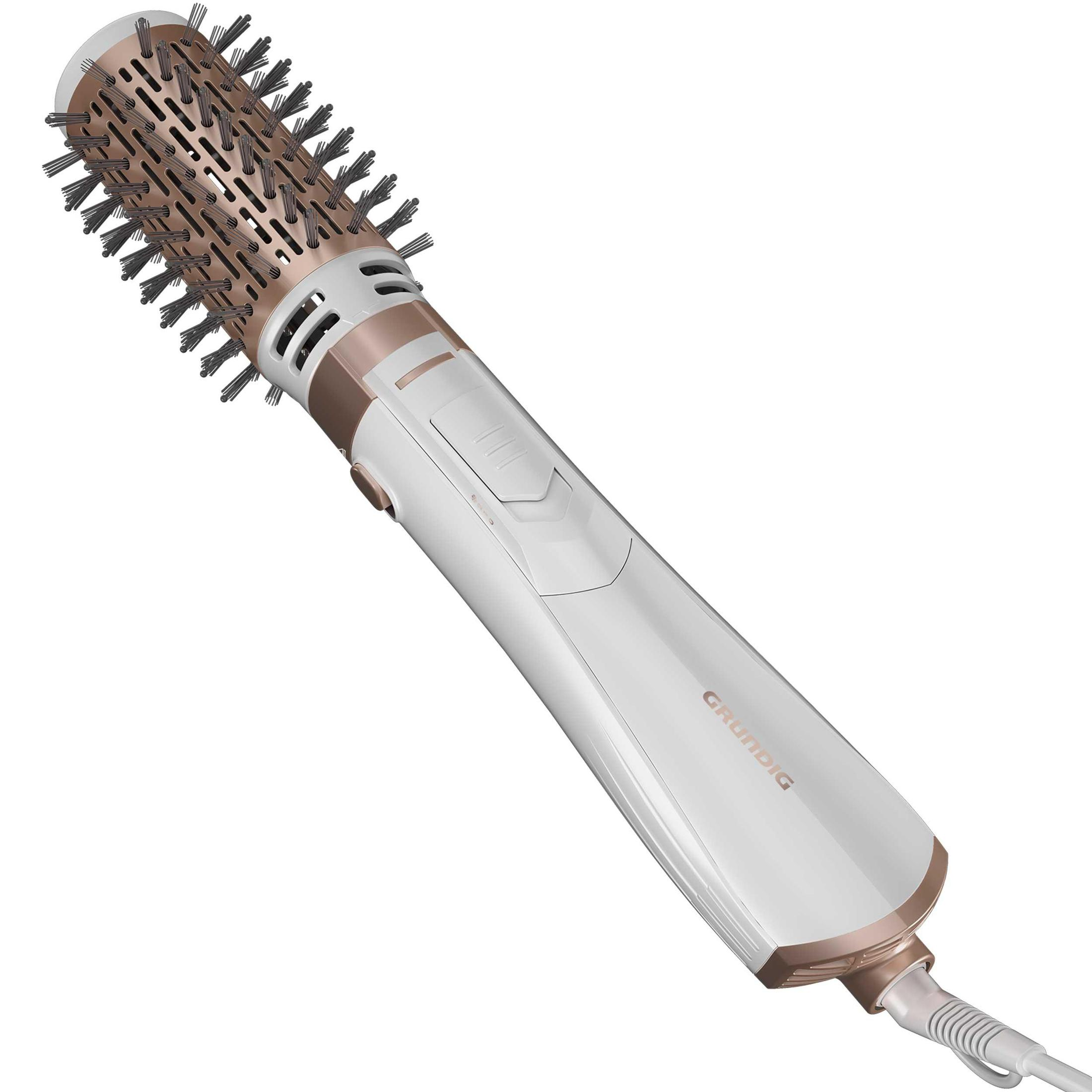 Una spazzola per capelli bianca e oro rosa. È del marchio Grundig.