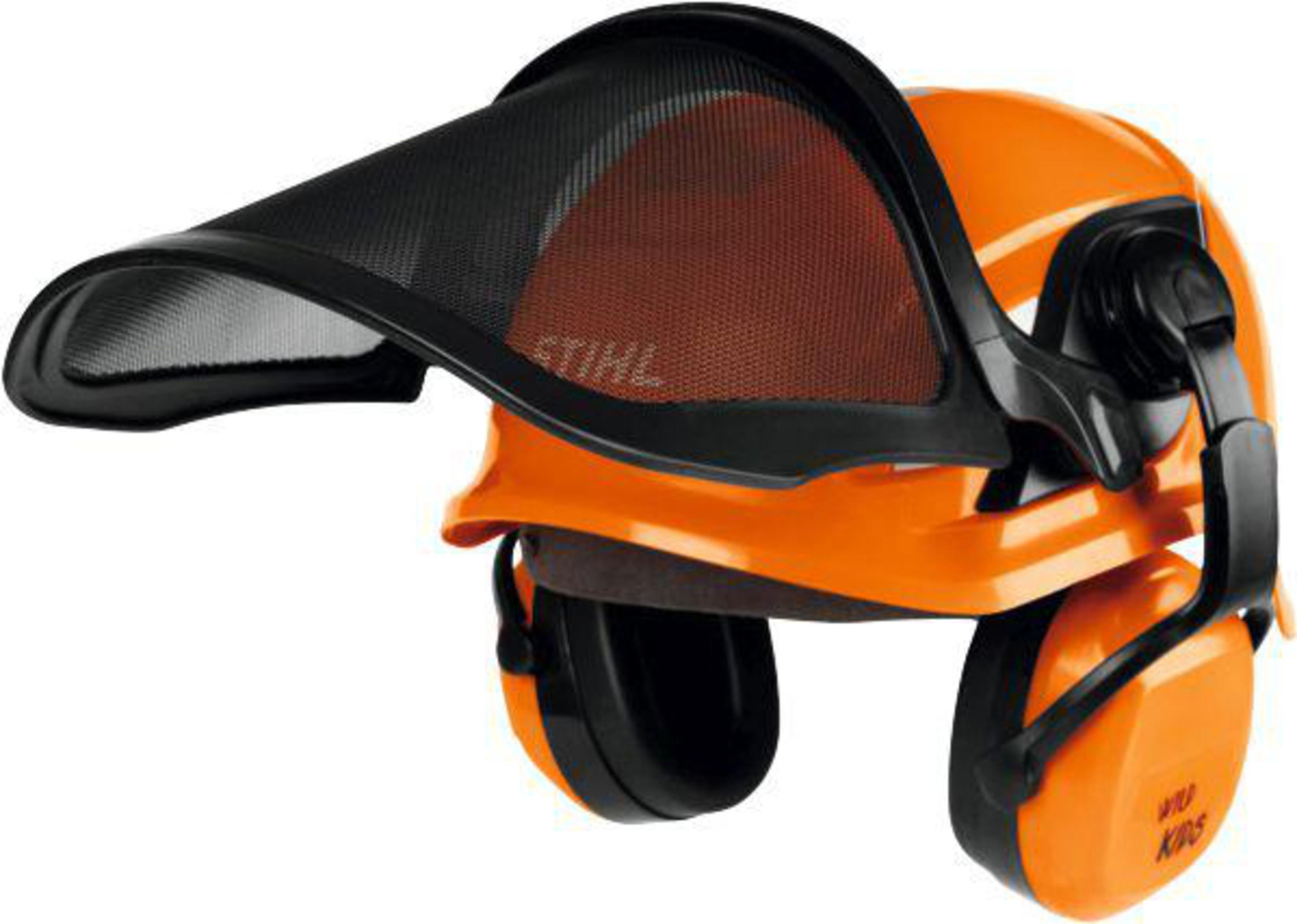 Orangener Schutzhelm mit schwarzem Visier und Gehörschutz.