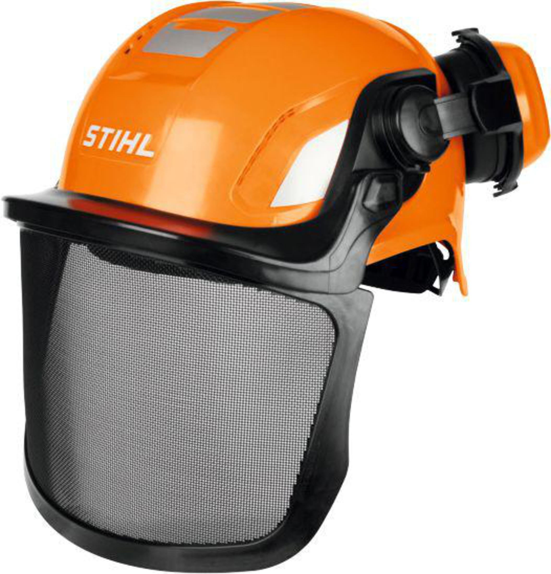 Oranger STIHL-Schutzhelm mit Gesichtsschutz und Gehörschutz.