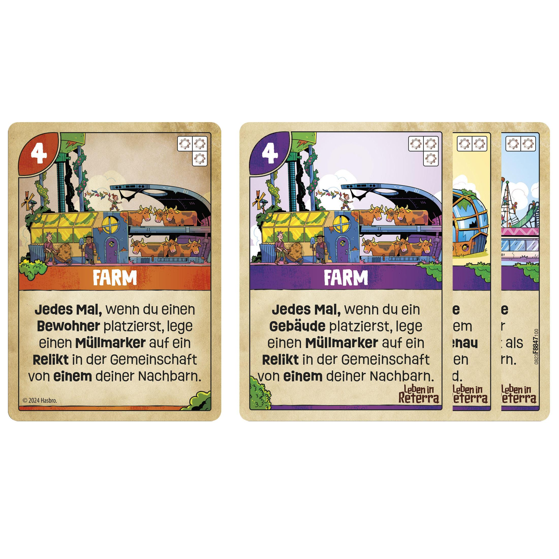 Zwei Spielkarten, die eine Farm mit einem Zug zeigen. Text auf Deutsch.