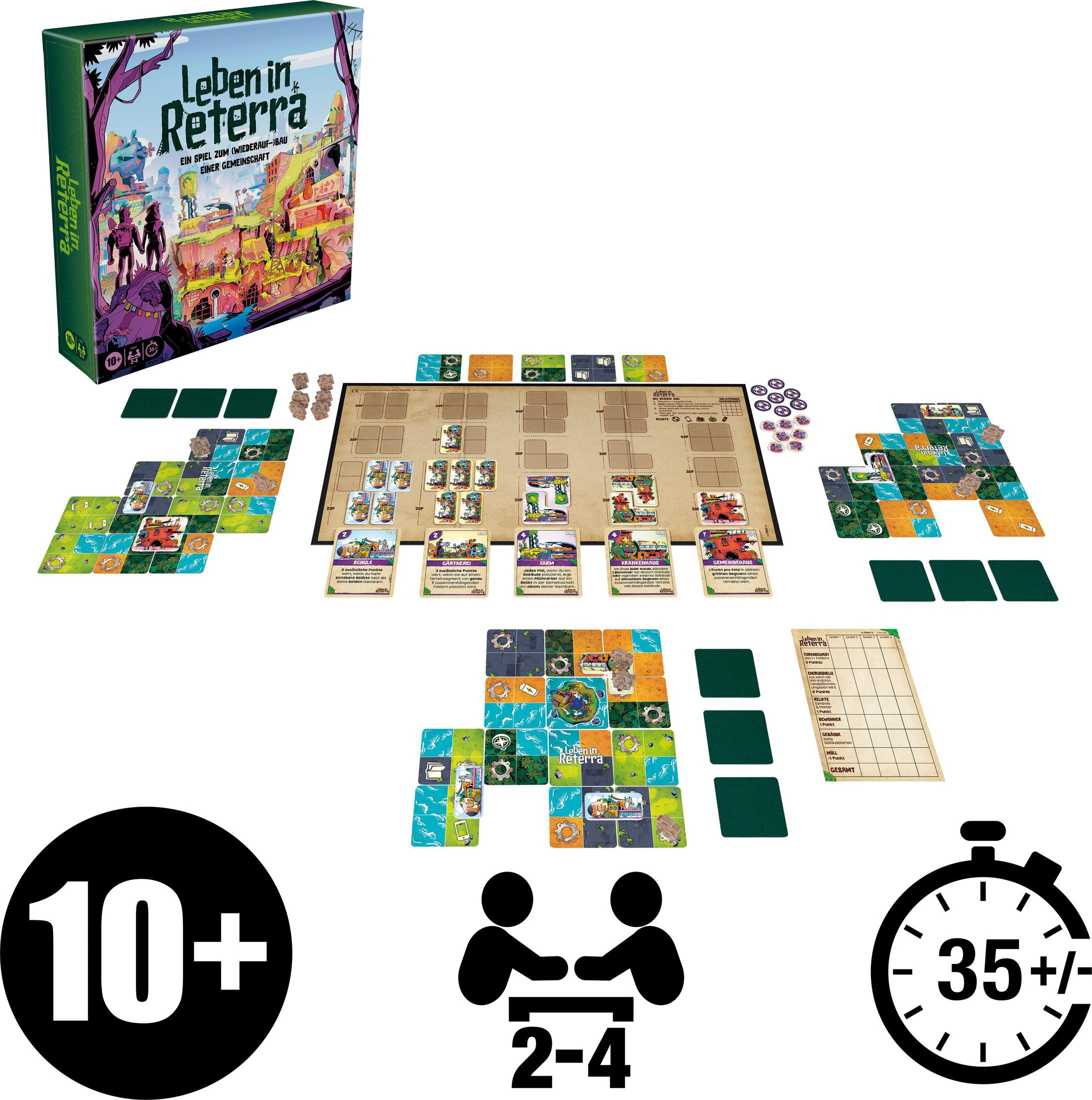 Brettspiel-Layout mit Spielsteinen, Karten und einer Box. Enthält Symbole für Alter und Spieleranzahl.