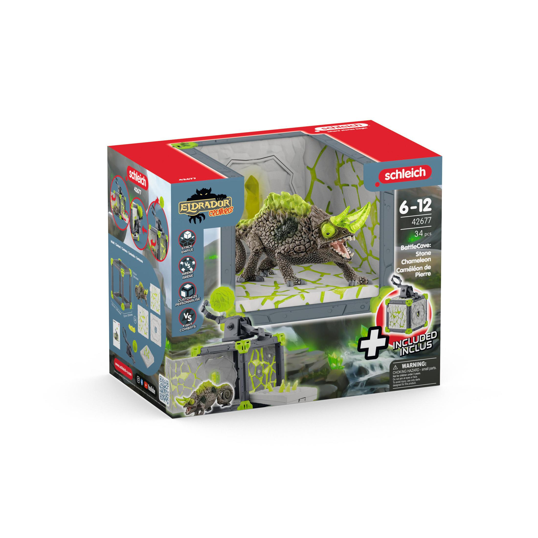 Eine Spielzeugkiste mit einer grünen Monsterfigur und Zubehör, mit verspieltem Design und Branding.