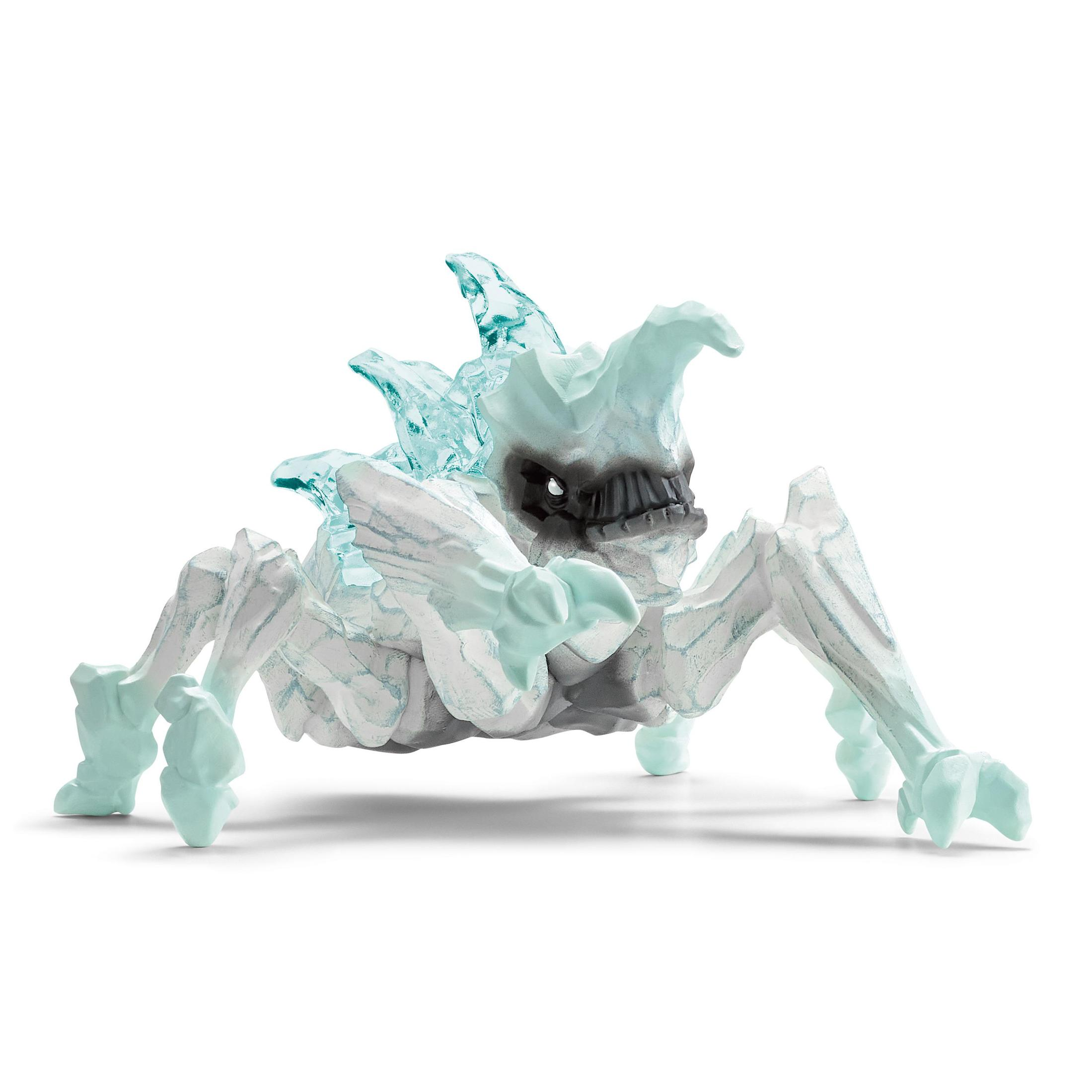 Una figura di mostro di ghiaccio blu chiaro e bianco con viso scuro, bocca grande e sei zampe, isolata.