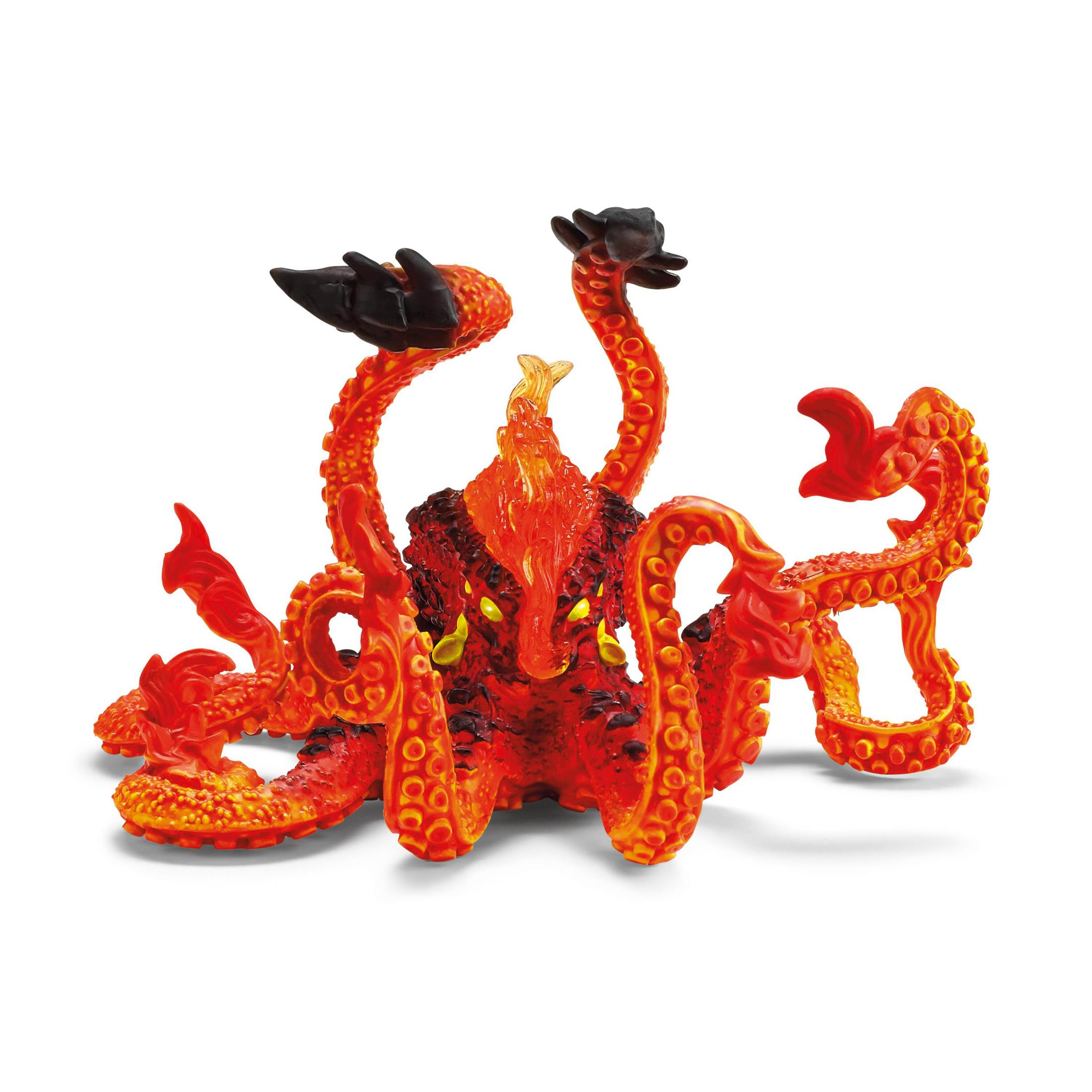 Giocattolo polpo rosso e arancione con un design dettagliato, su sfondo bianco.