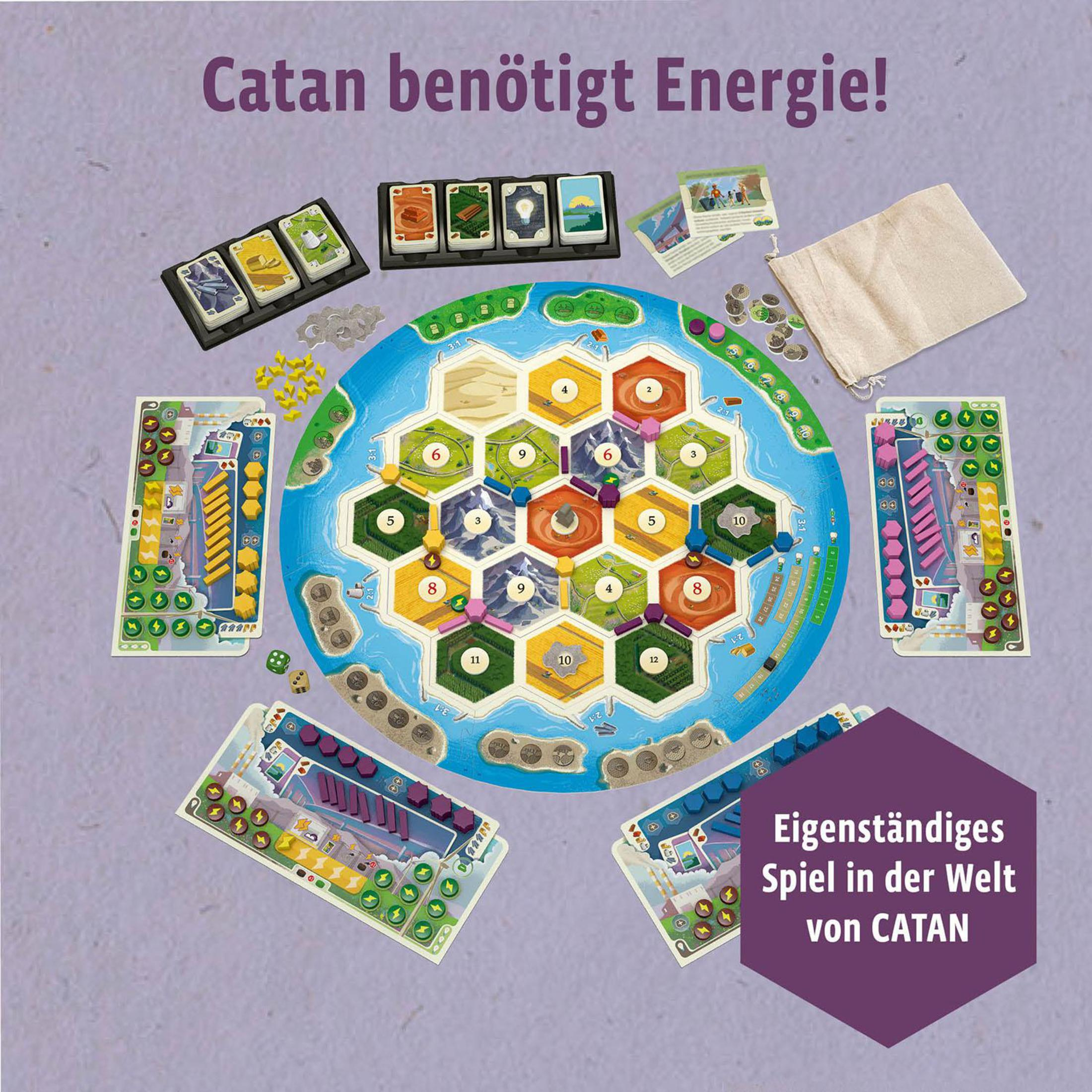 Catan Brettspiel mit Spielsteinen, Karten und einem sechseckigen Spielbrett.