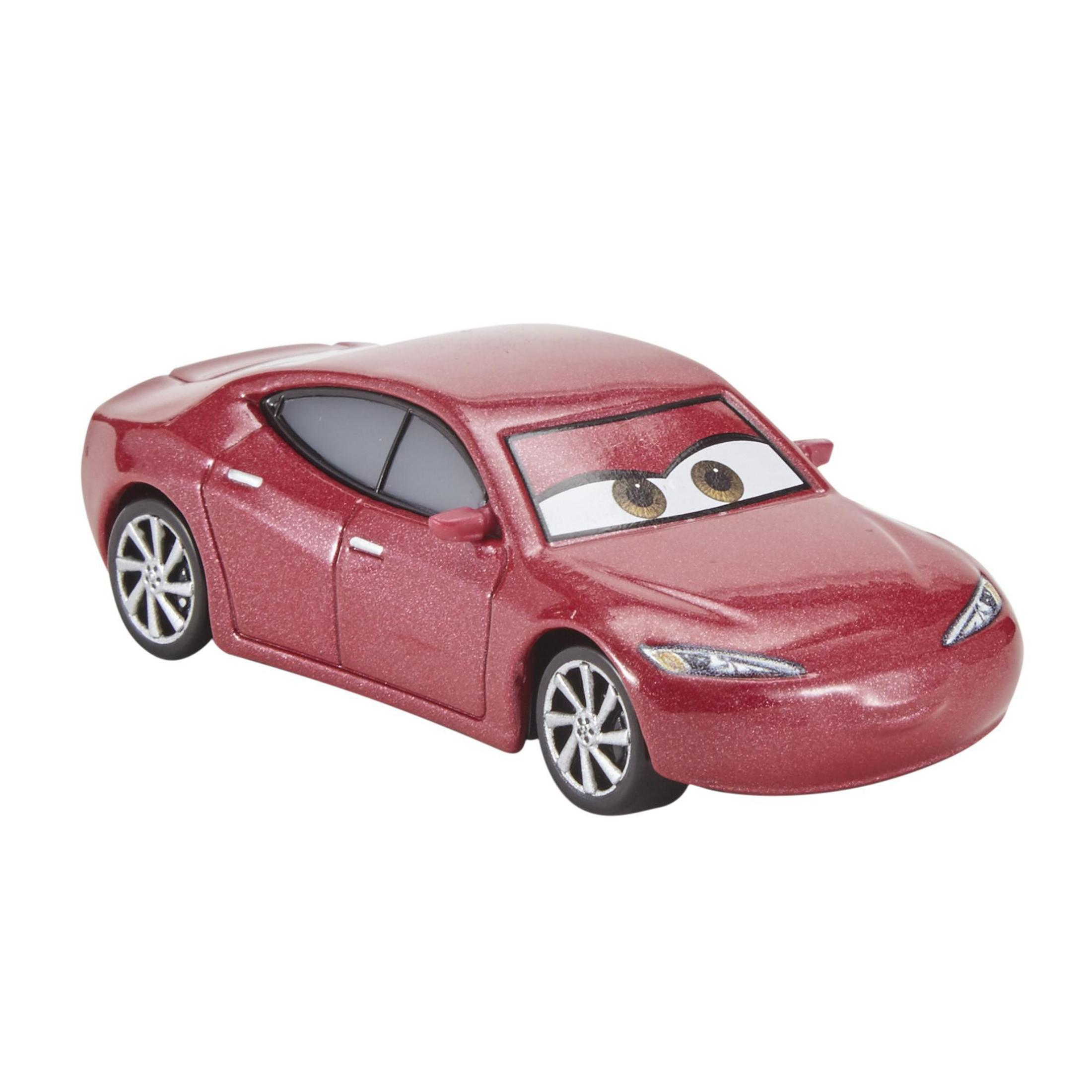 Ein rotes Spielzeugauto mit weißen Augen und einem lächelnden Mund auf weißem Hintergrund.