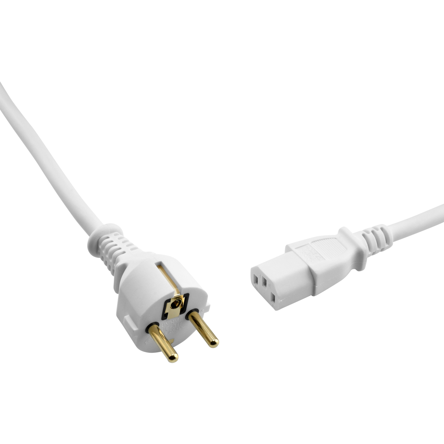 Weißes Netzkabel mit europäischem Stecker und Anschlussende. Schwarzer Hintergrund.
