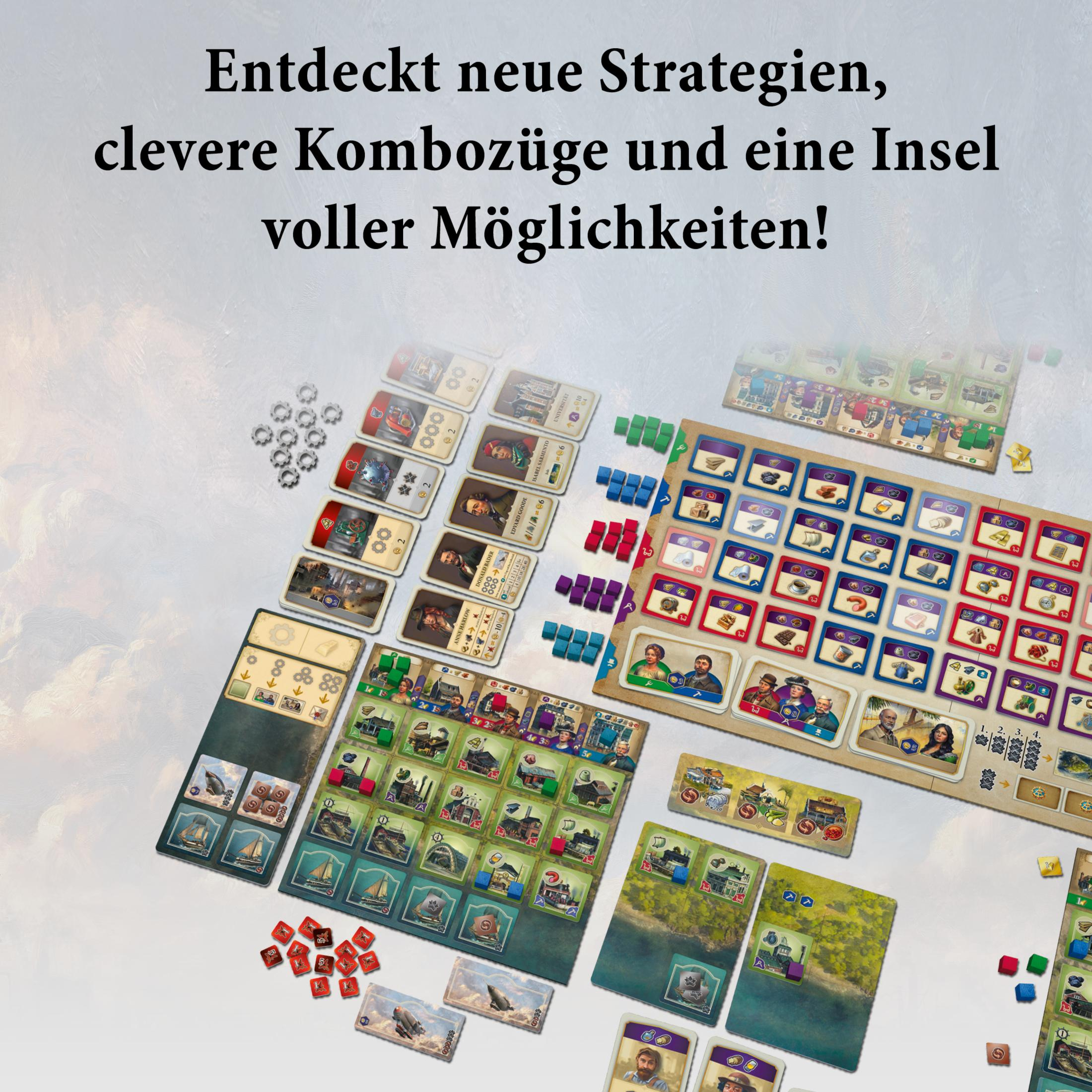 Brettspiel-Setup mit Karten, Spielsteinen und einem Spielbrett. Text oben auf Deutsch.