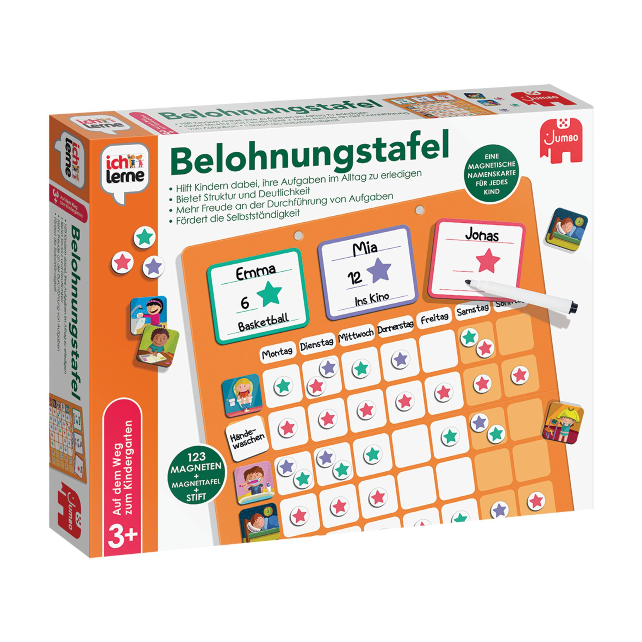 Belohnungstafel für Kinder im Karton. Enthält Sterne und einen Stift. Hellorange-weißes Design.