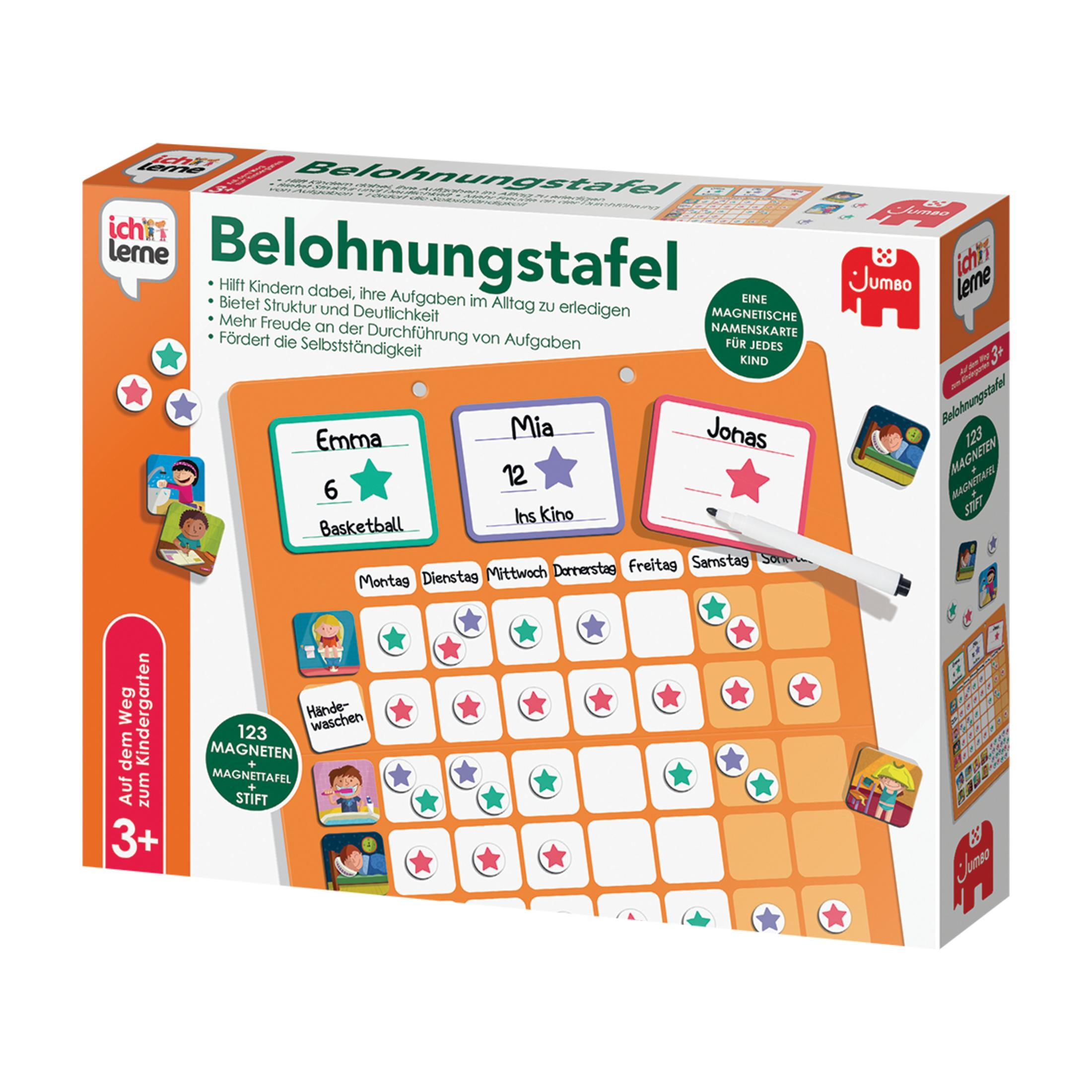 Ein Belohnungstafel-Set für Kinder mit Sternen, Namen und einem Whiteboard-Marker, in einer Box.