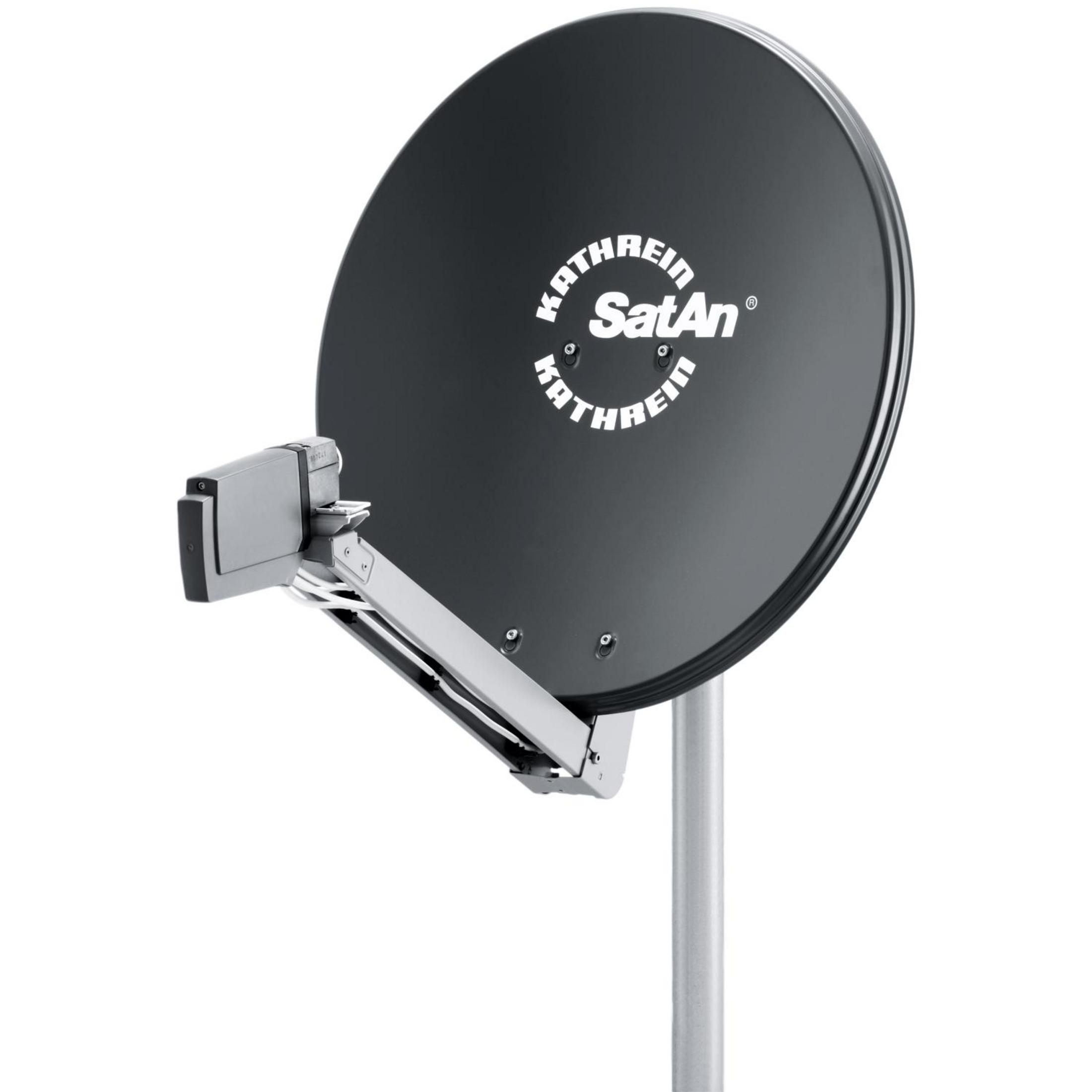 Schwarze Satellitenschüssel an einem Mast, Kathrein SatAn.