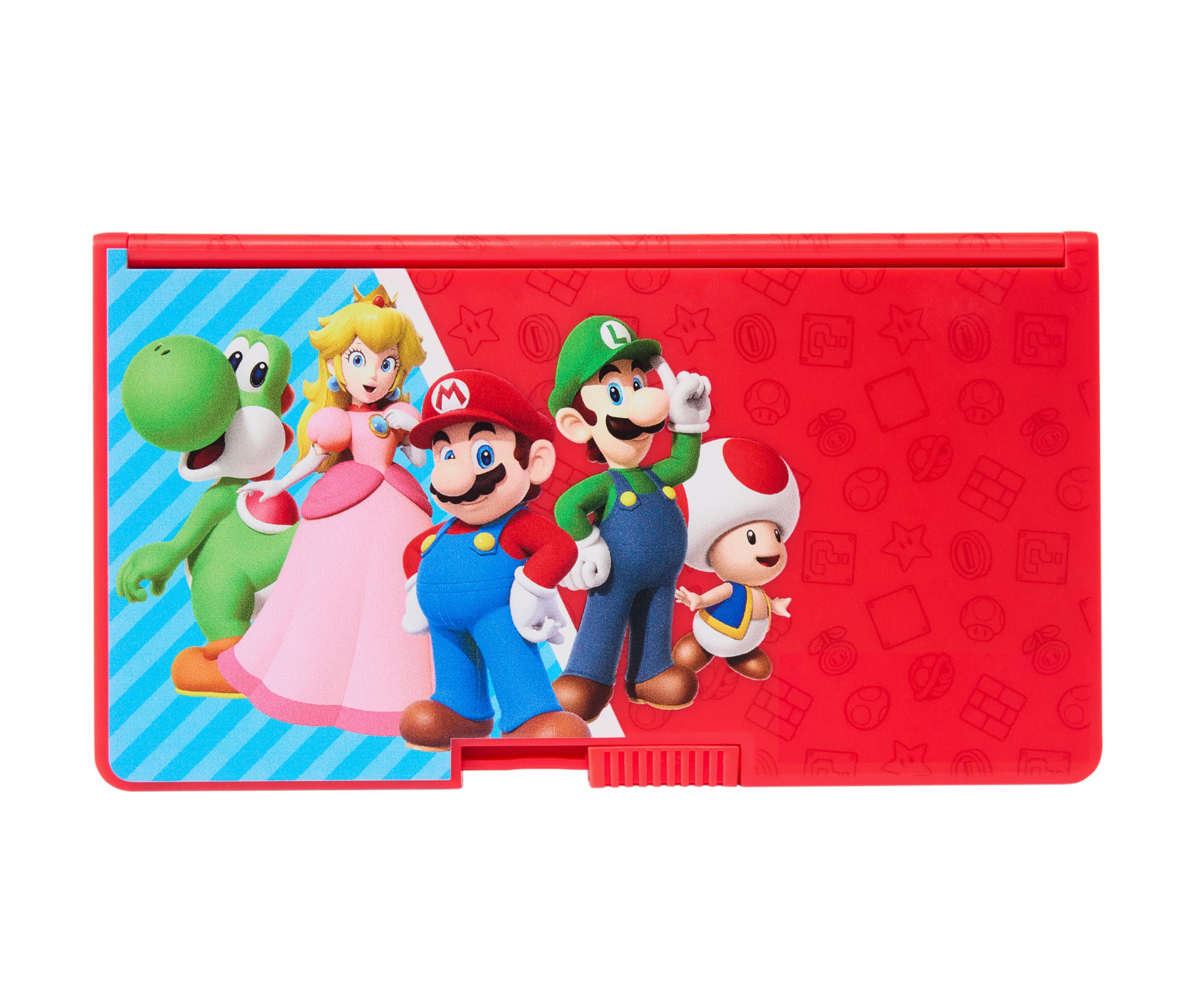 Rotes Federmäppchen mit Mario-Charakteren: Yoshi, Peach, Mario, Luigi und Toad.