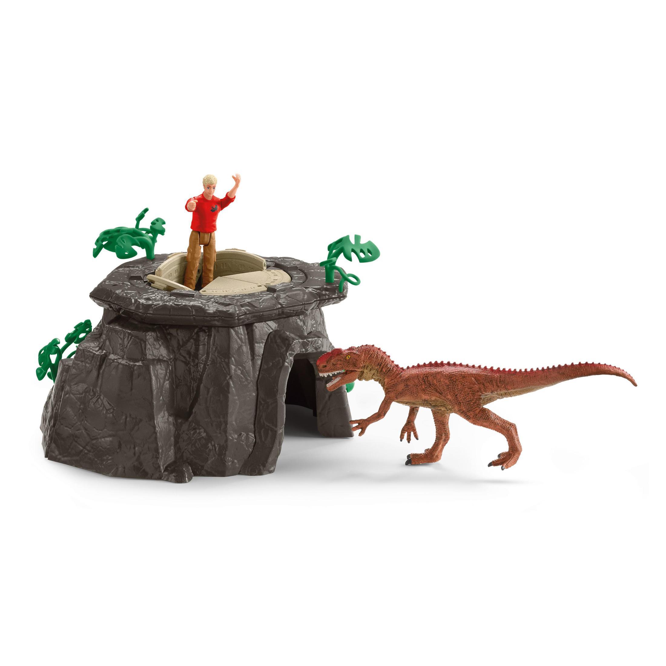 Dinosaurier-Spielzeugset mit Vulkan und Person. Oranger und brauner Dinosaurier. Weißer Hintergrund.