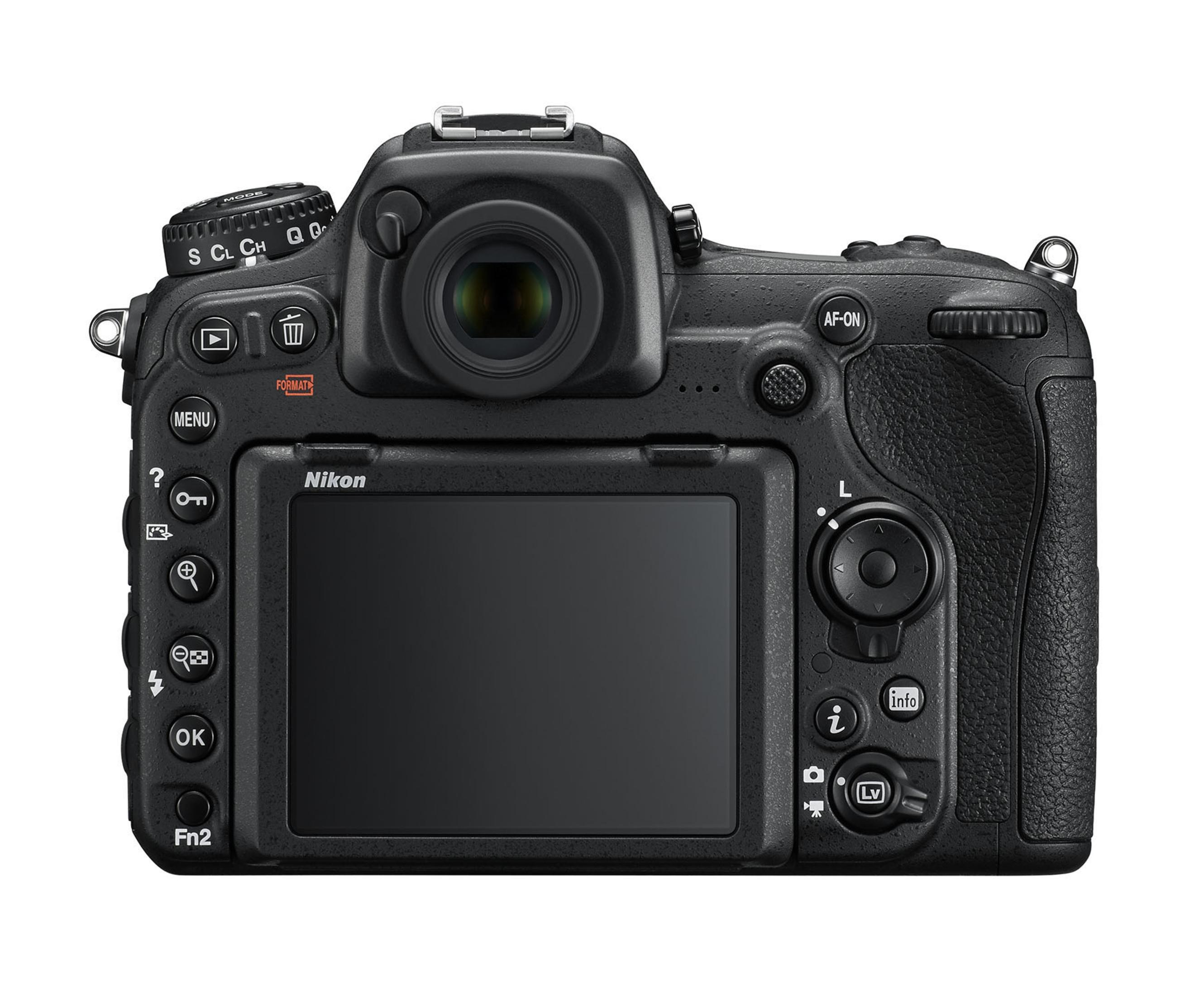 Schwarze DSLR-Kamera hinten. Knöpfe und Bildschirm sind sichtbar. Objektiv befindet sich in der Mitte.