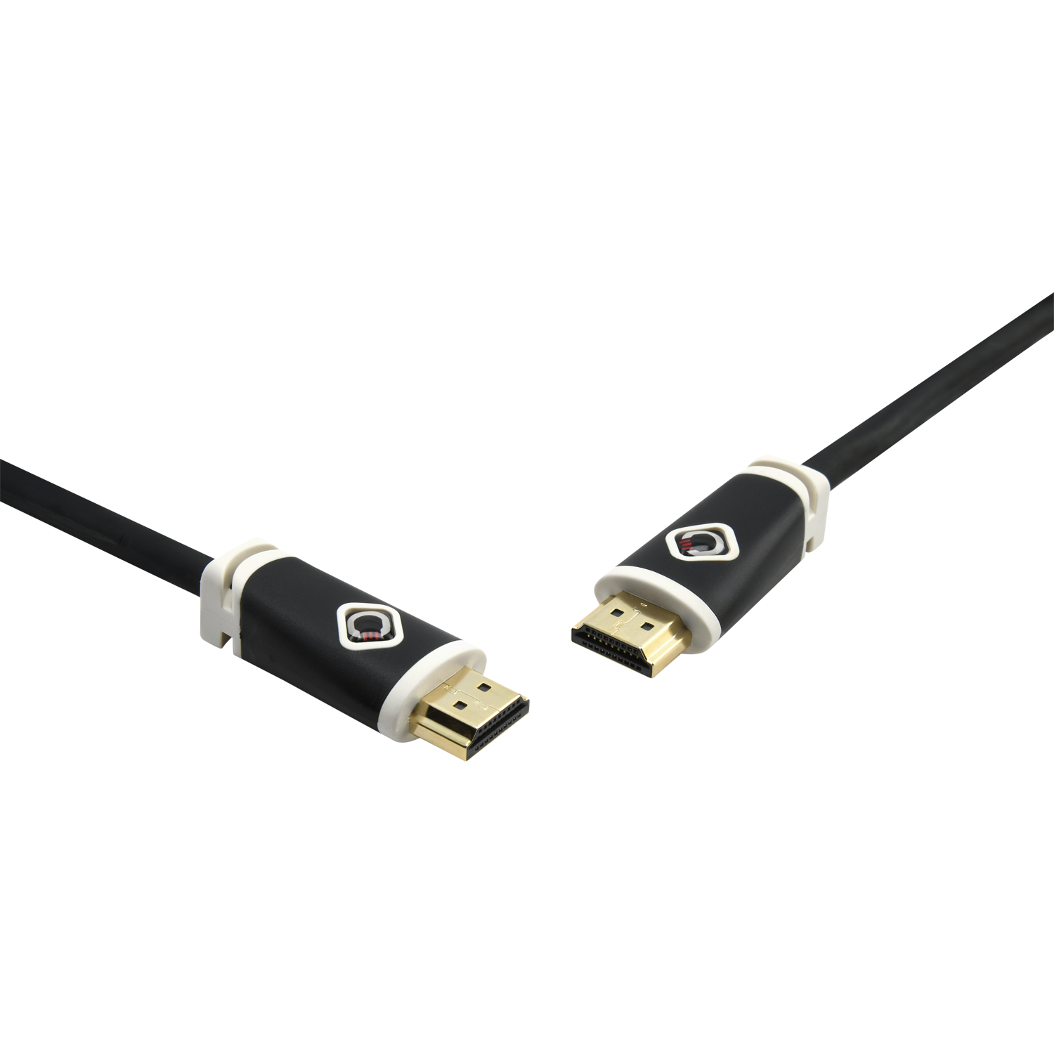 Schwarzes HDMI-Kabel mit schwarz-weißen Steckern. Das Kabel befindet sich auf schwarzem Hintergrund.