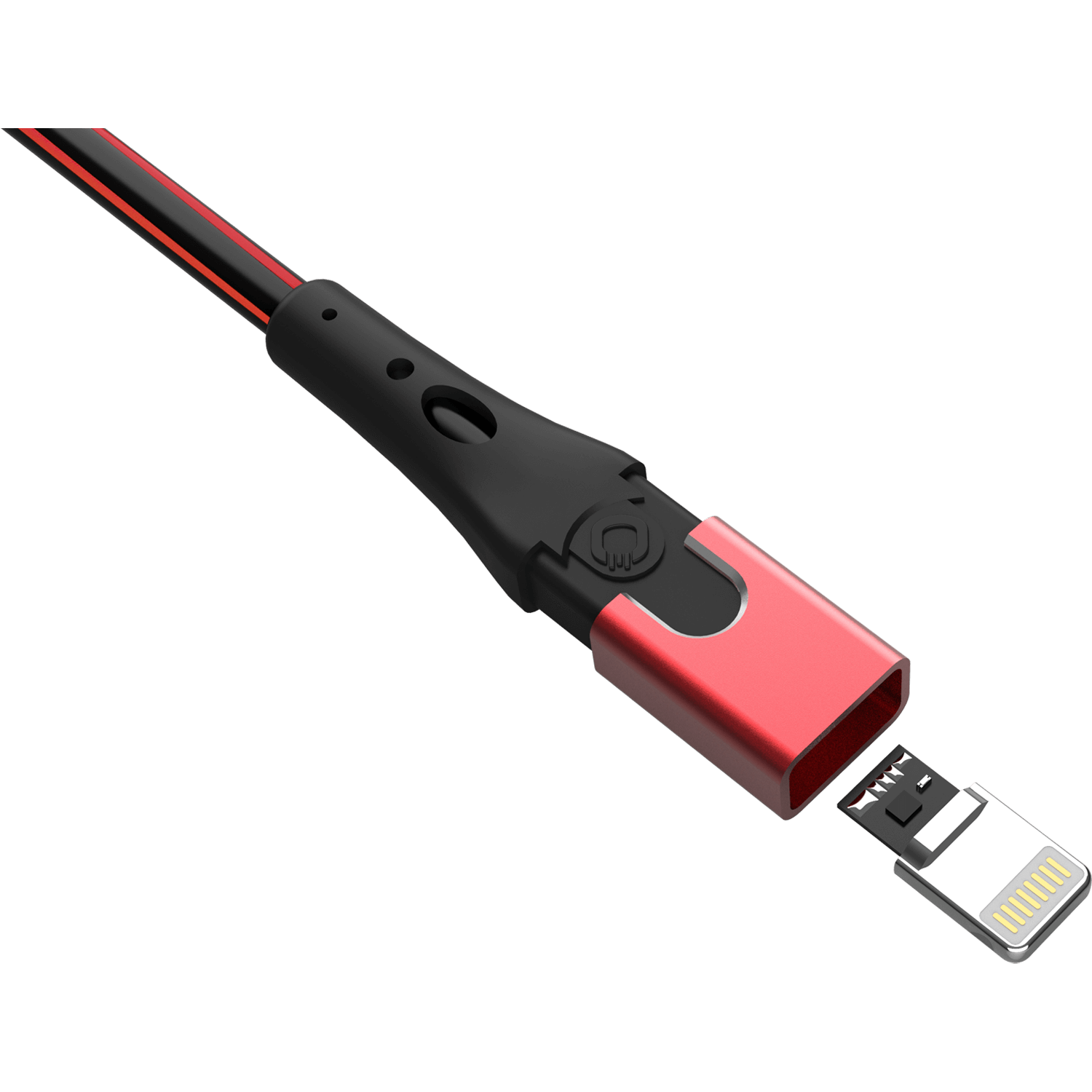 Rotes und schwarzes Ladekabel mit Stecker und weißem Anschluss.