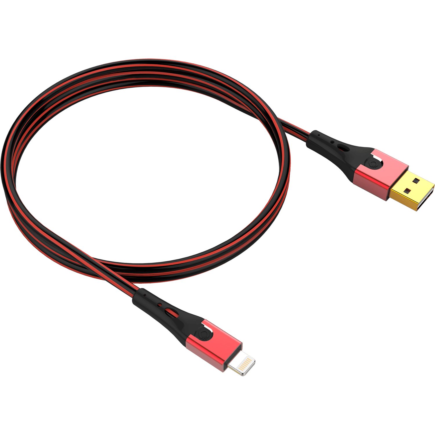 USB-zu-Lightning-Kabel, schwarz und rot, auf schwarzem Hintergrund.