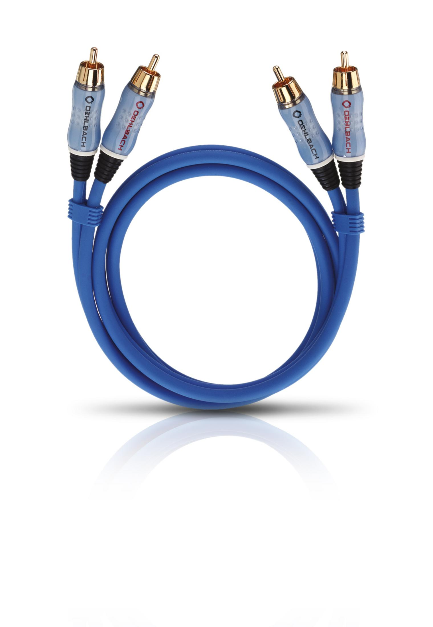 Blaue RCA-Audiokabel mit Goldsteckern. Weißer Hintergrund, Spiegelung.