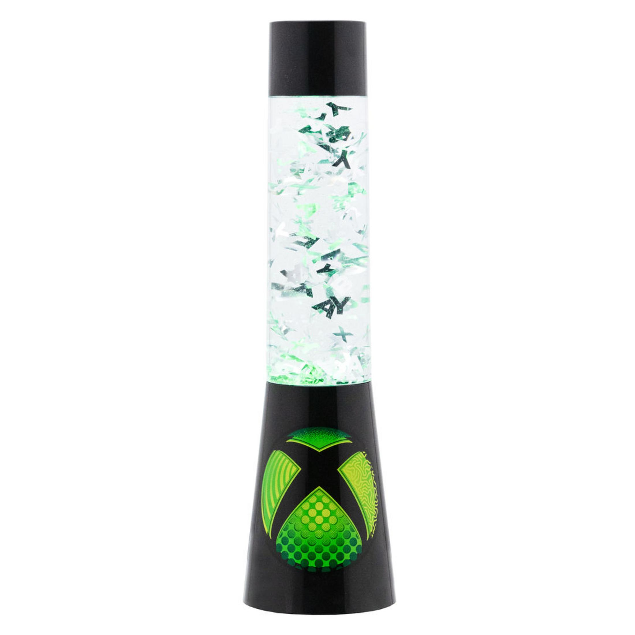 Eine schwarze und grüne Xbox-Lavalampe mit Logo. Sie ist hoch und hat grünen Glitzer im Inneren.