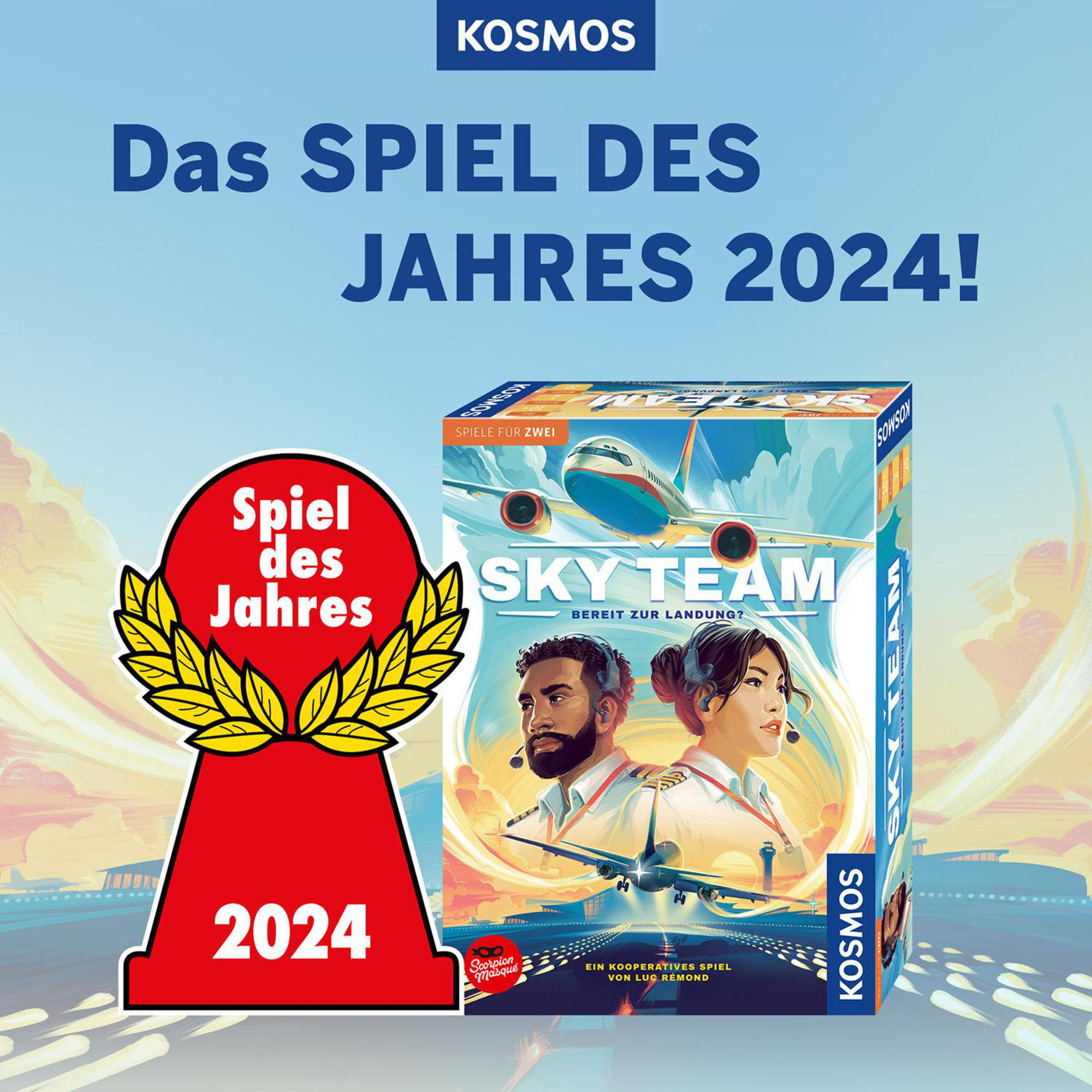 Ein Brettspielkarton mit einem Flugzeugbild, dem Titel 'SKY TEAM' und dem 'Spiel des Jahres 2024'.