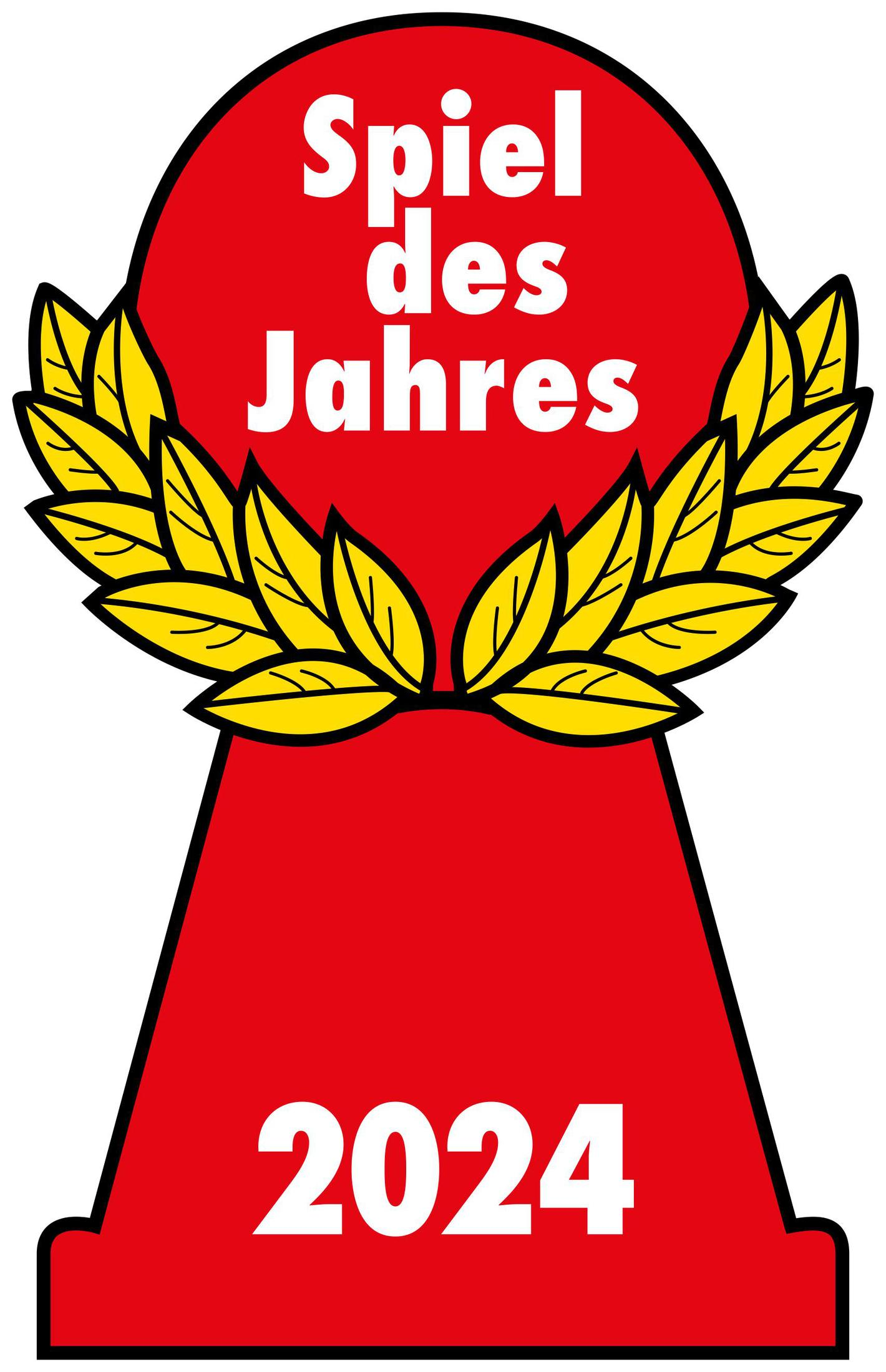 Spiel des Jahres 2024 Auszeichnungslogo, rot, Schlüssellochform, Lorbeer.