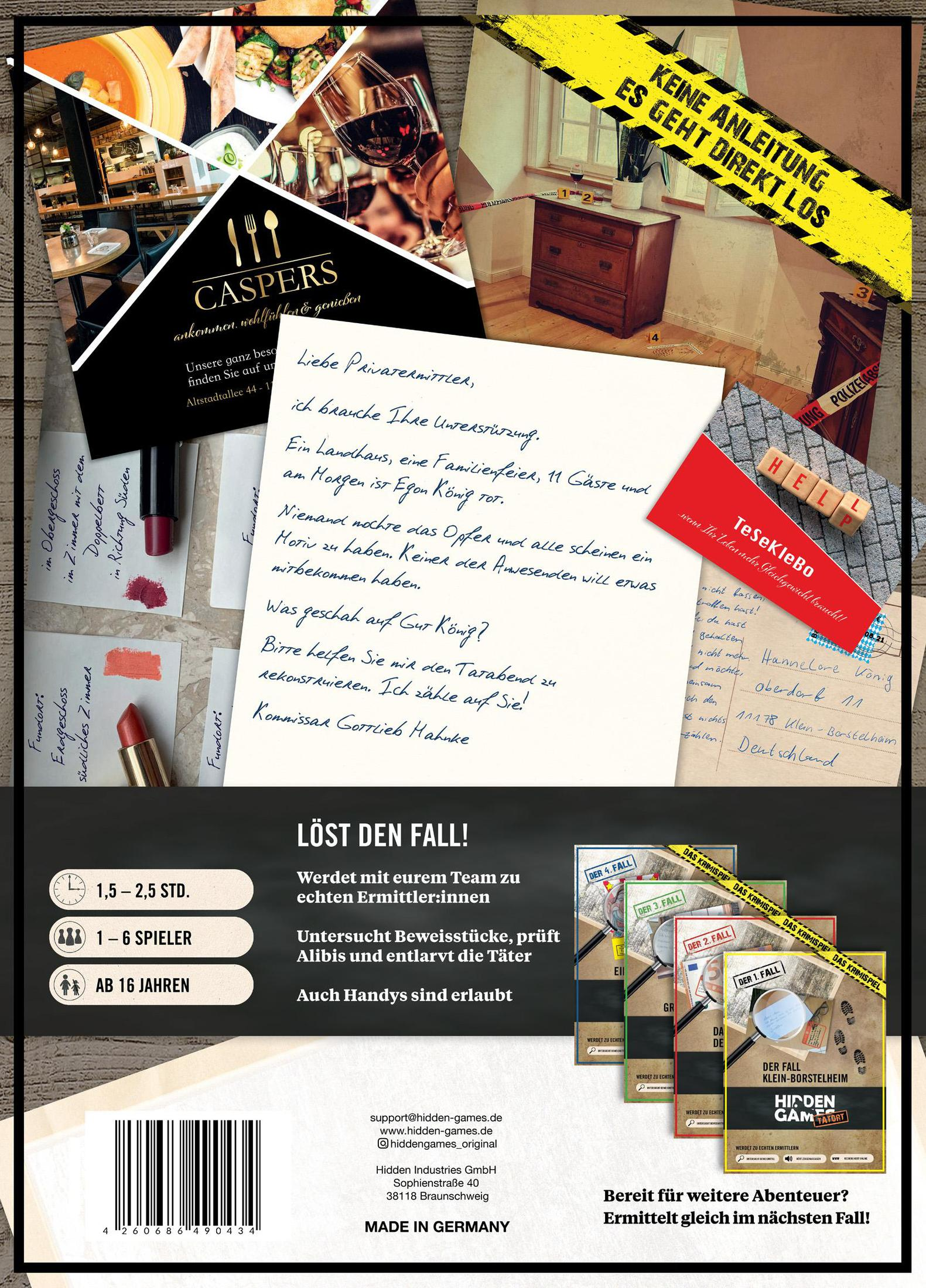 Spielbox mit Text und Bildern zum Thema Mord und Krimi mit Tatortelementen.
