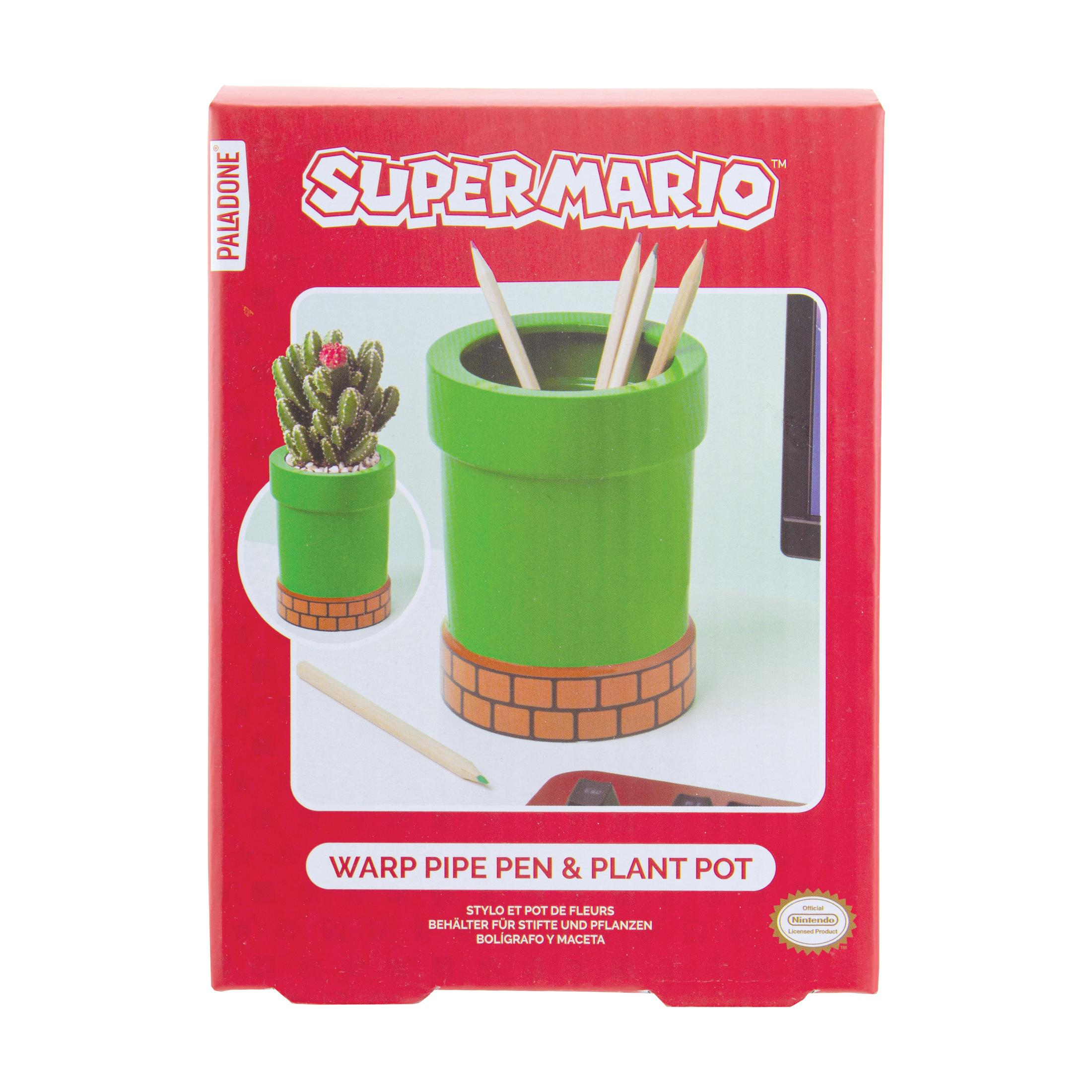 Super Mario Themen Stift- und Blumentopf-Set in roter Box. Enthält Bleistifte und einen Kaktus.