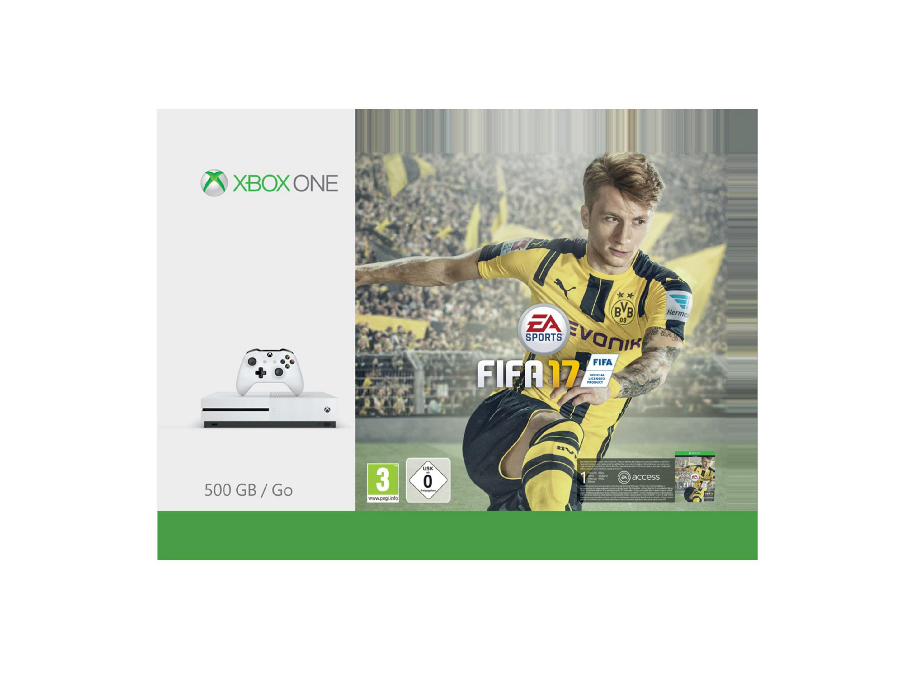 Xbox One Konsole mit Controller, FIFA 17 Spiel und einem Spielerbild im Hintergrund.
