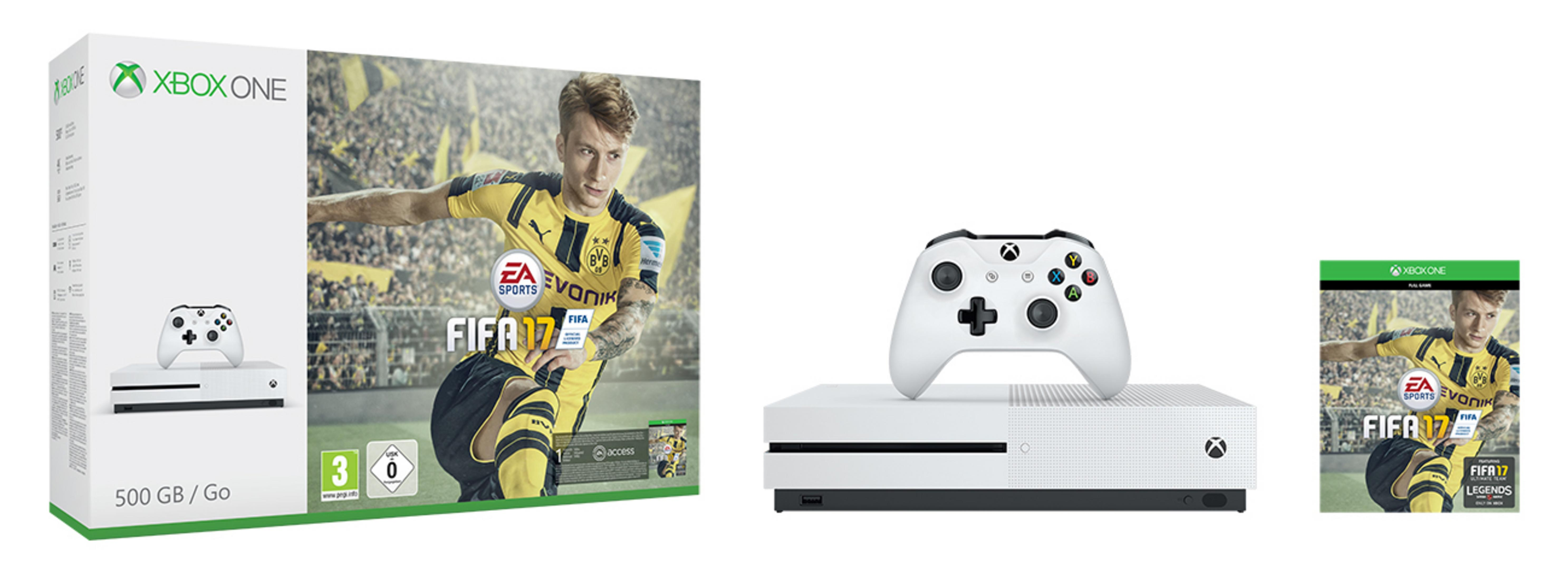 Eine Xbox One Konsole, ein Controller und eine FIFA 17 Spielbox, alles auf weißem Hintergrund.