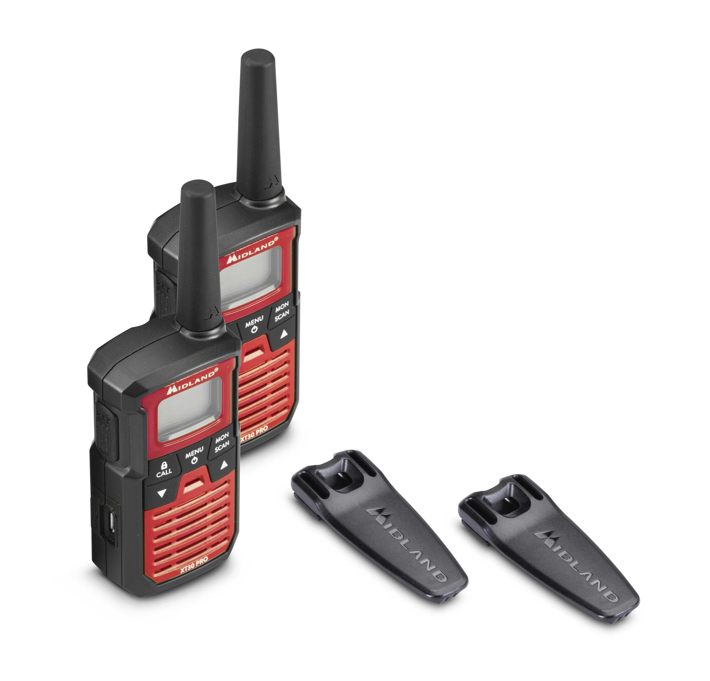 Zwei schwarz-rote Walkie-Talkies mit zwei schwarzen Gürtelclips. Das Midland-Logo ist sichtbar.