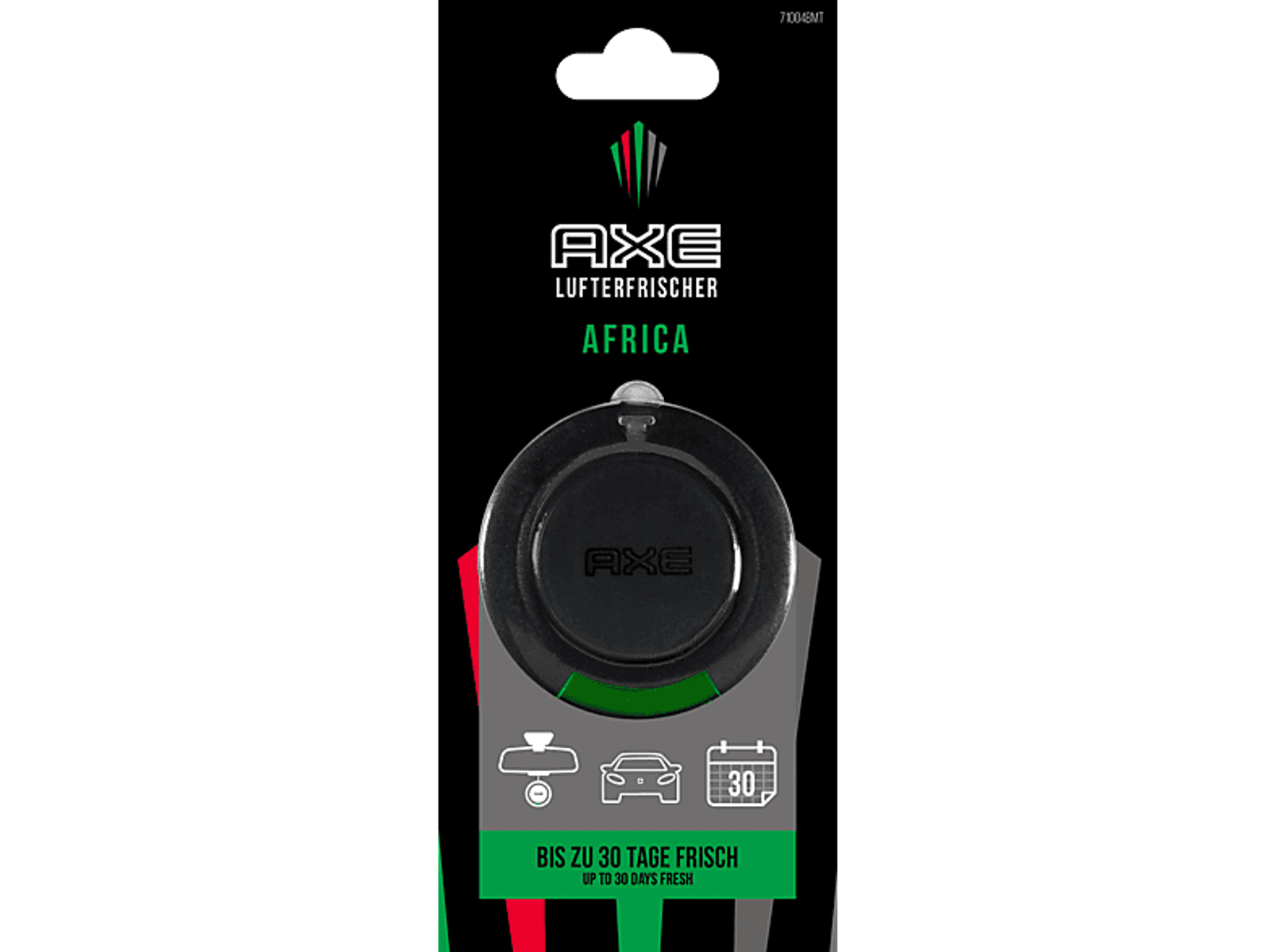 Verpackung des schwarzen Axe Lufterfrischers. Produkt rund. Text: 'Africa' und 'Bis zu 30 Tage frisch'.