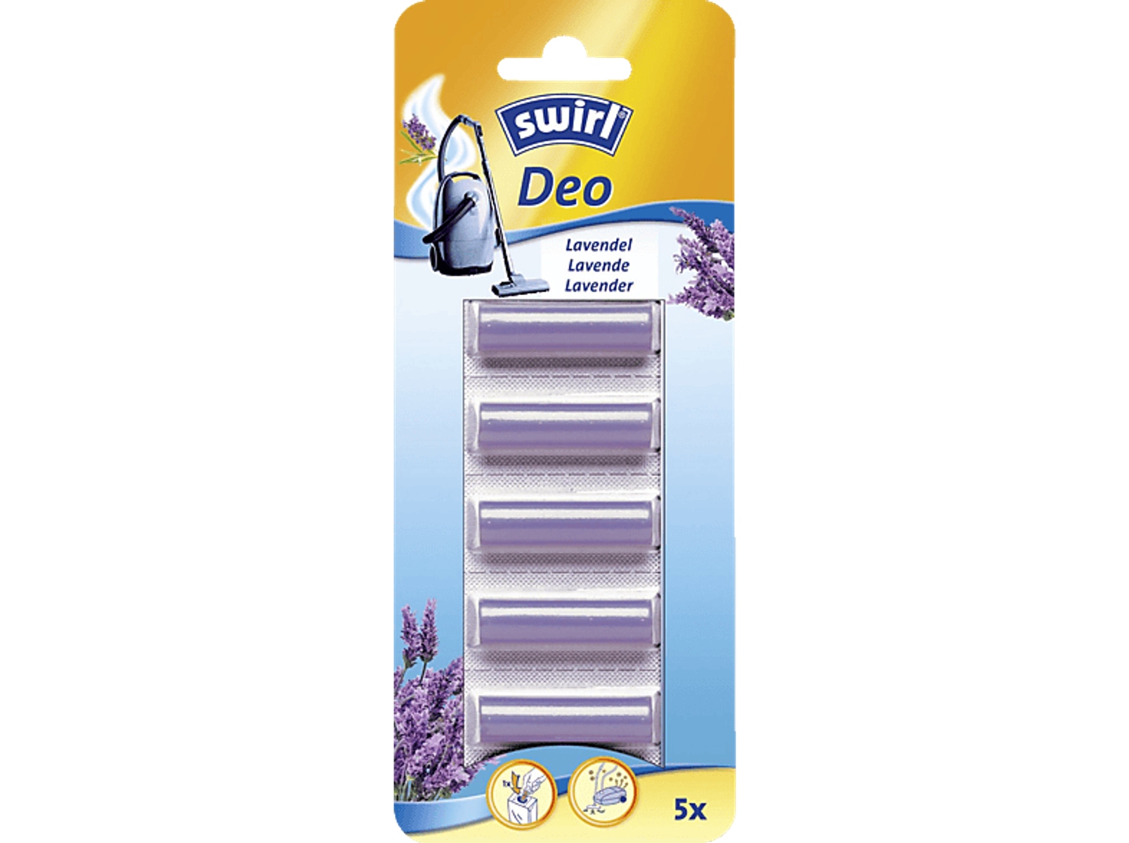 Eine Swirl Deo Lufterfrischer-Nachfüllpackung. Es hat 5 Lavendel-Duft-Nachfüllstäbchen.