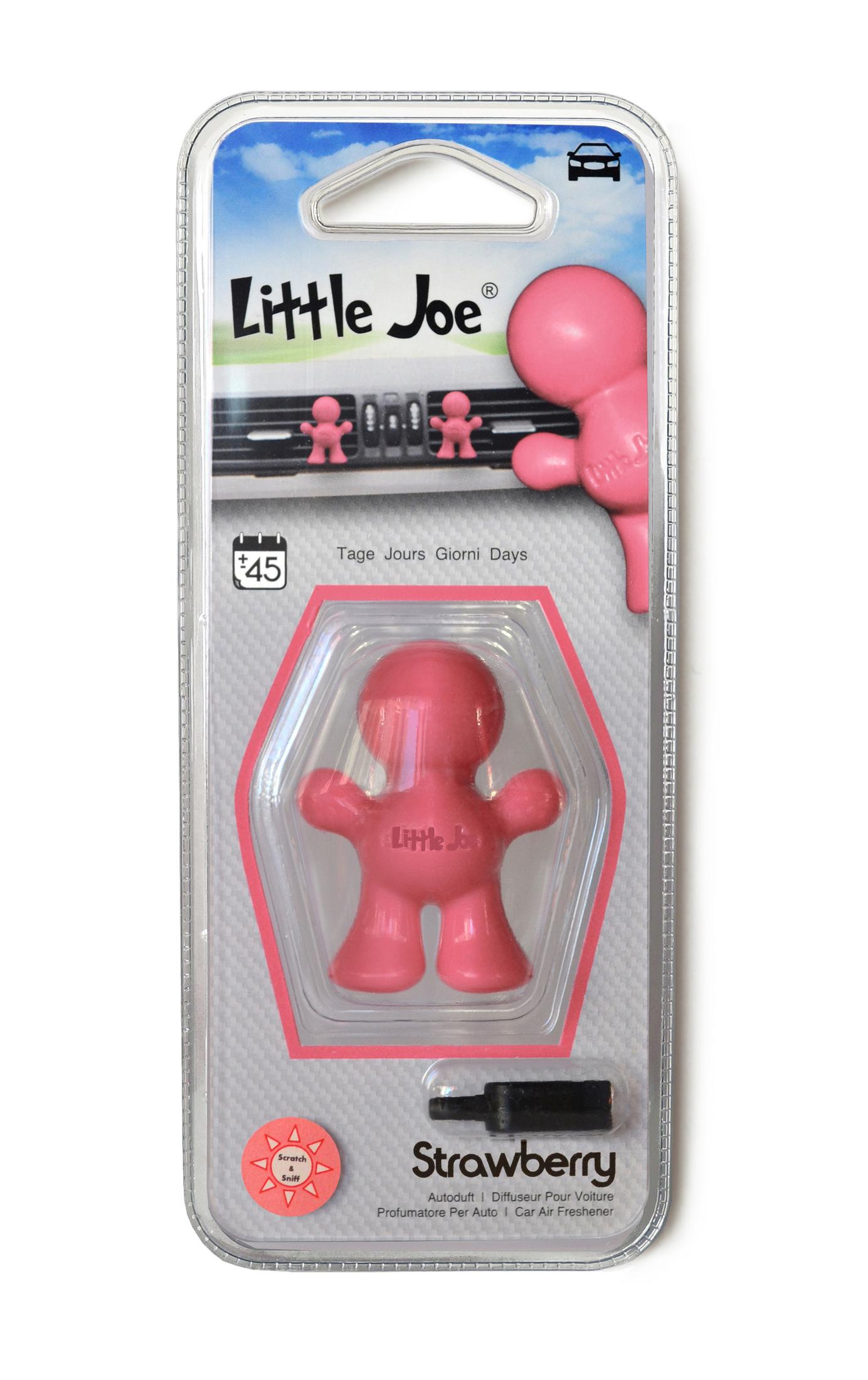 Ein pinkfarbener Little Joe Auto-Lufterfrischer in der Verpackung, mit einem kleinen schwarzen Clip.