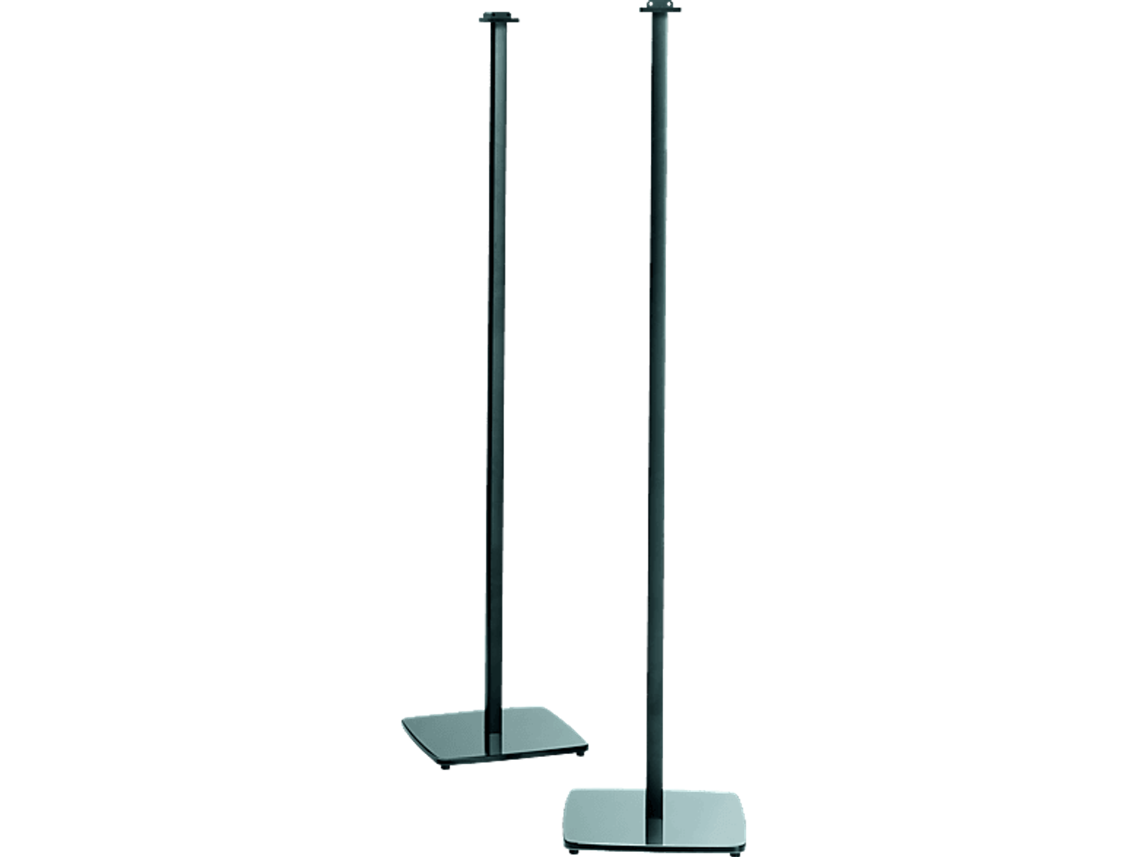 Dos soportes para altavoces negros sobre fondo negro. Base cuadrada y poste delgado.