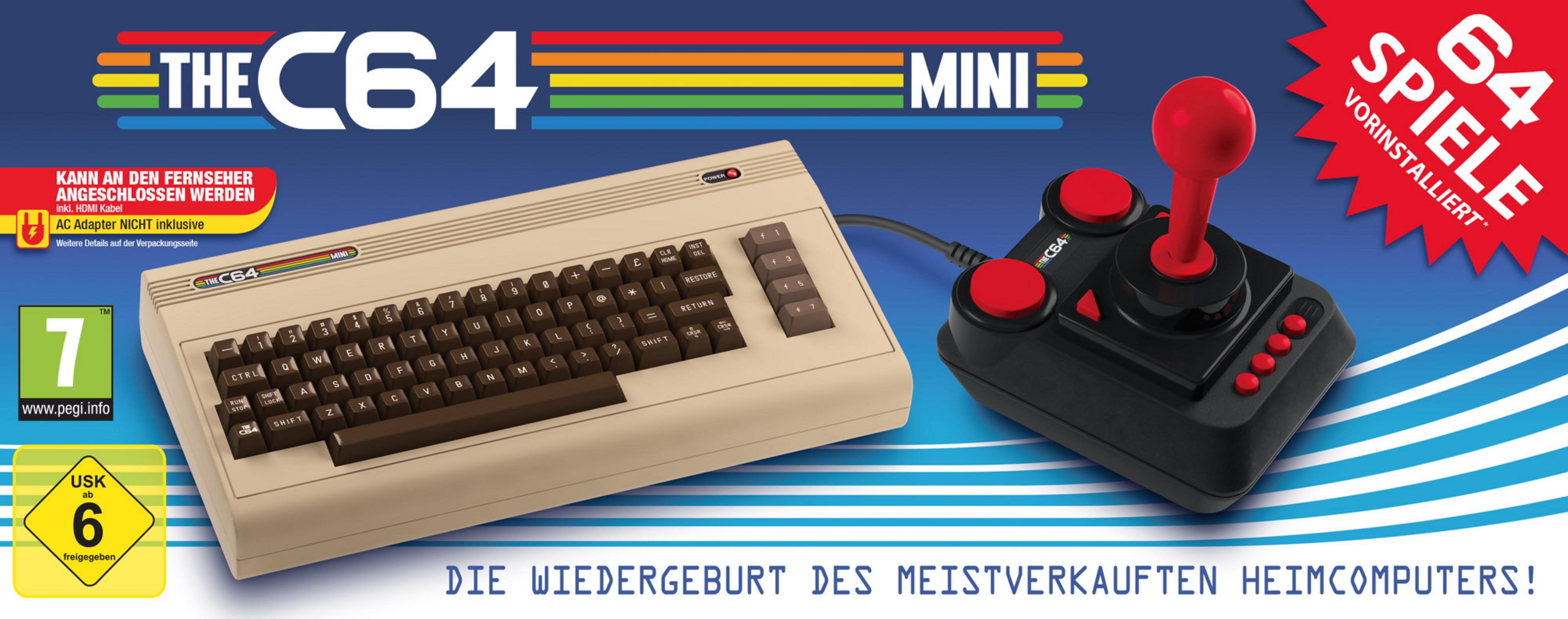 Schachtel von The C64 Mini mit Joystick und Verpackungsdesign des Spiels. Weißer Hintergrund.