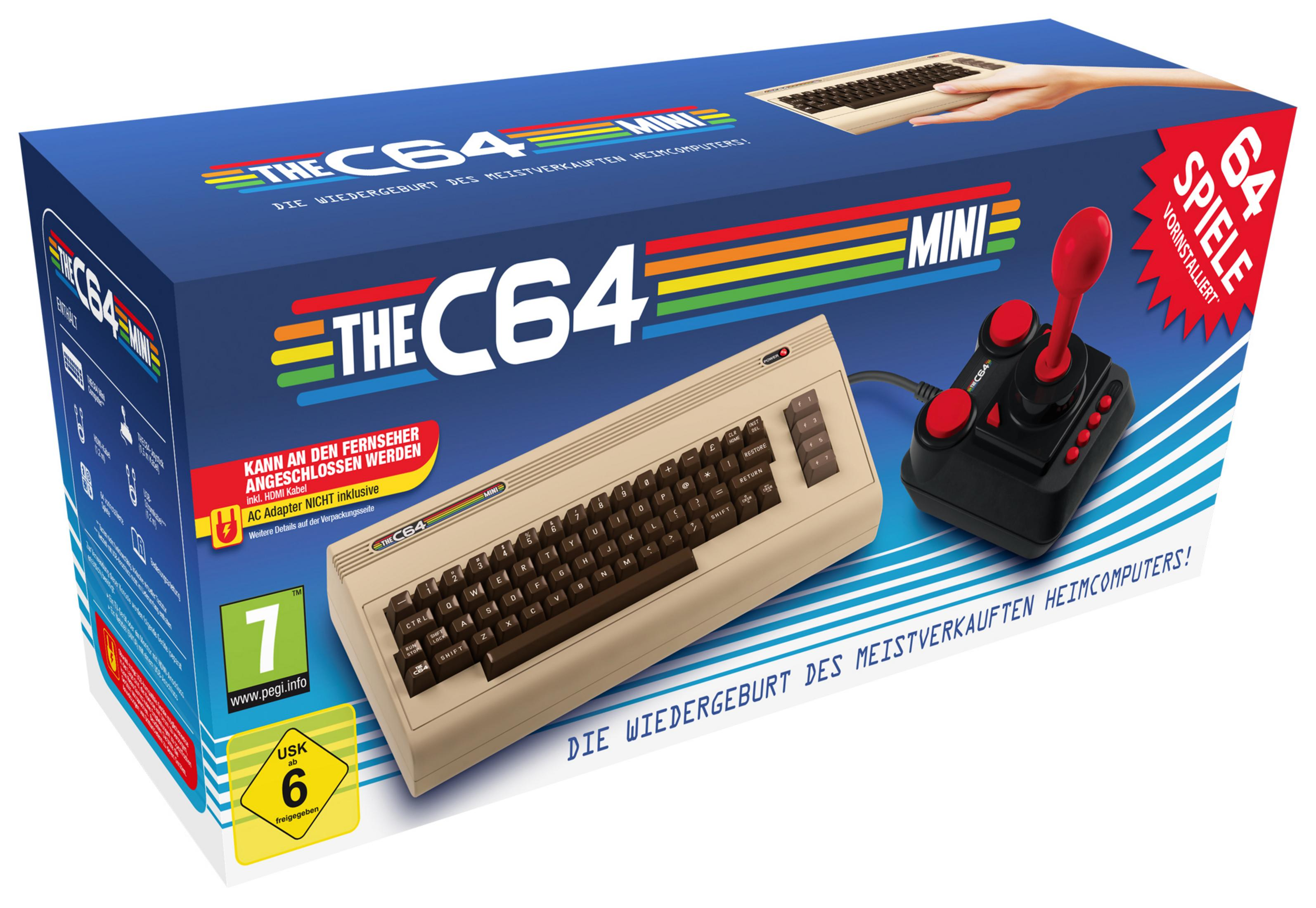 The C64 Mini Box mit Joystick, Tastatur und Retro-Design auf blauem Hintergrund.