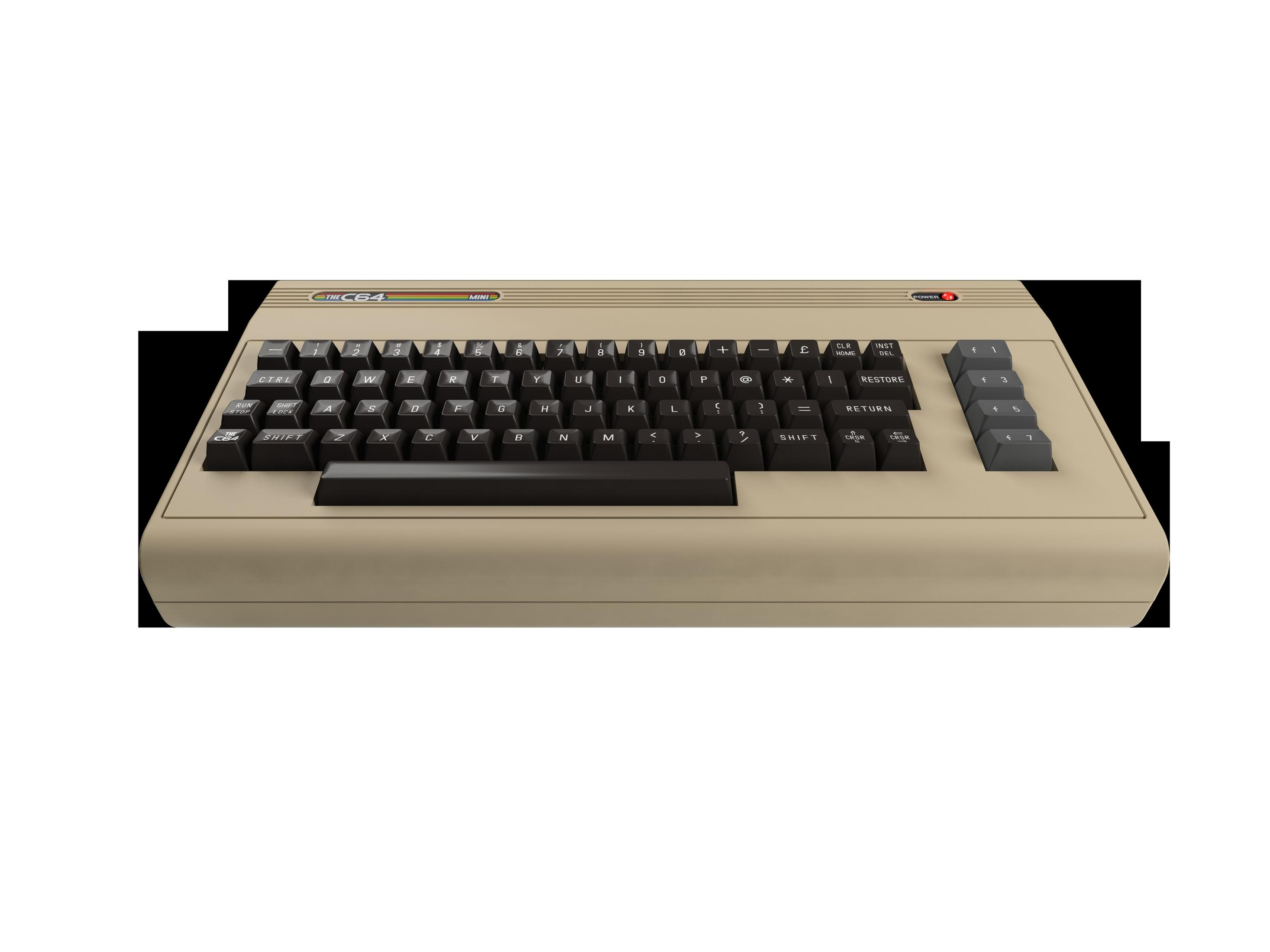 Beige Computertastatur. Schwarze Tasten mit weißen Buchstaben. Der Markenname ist 'Commodore'.