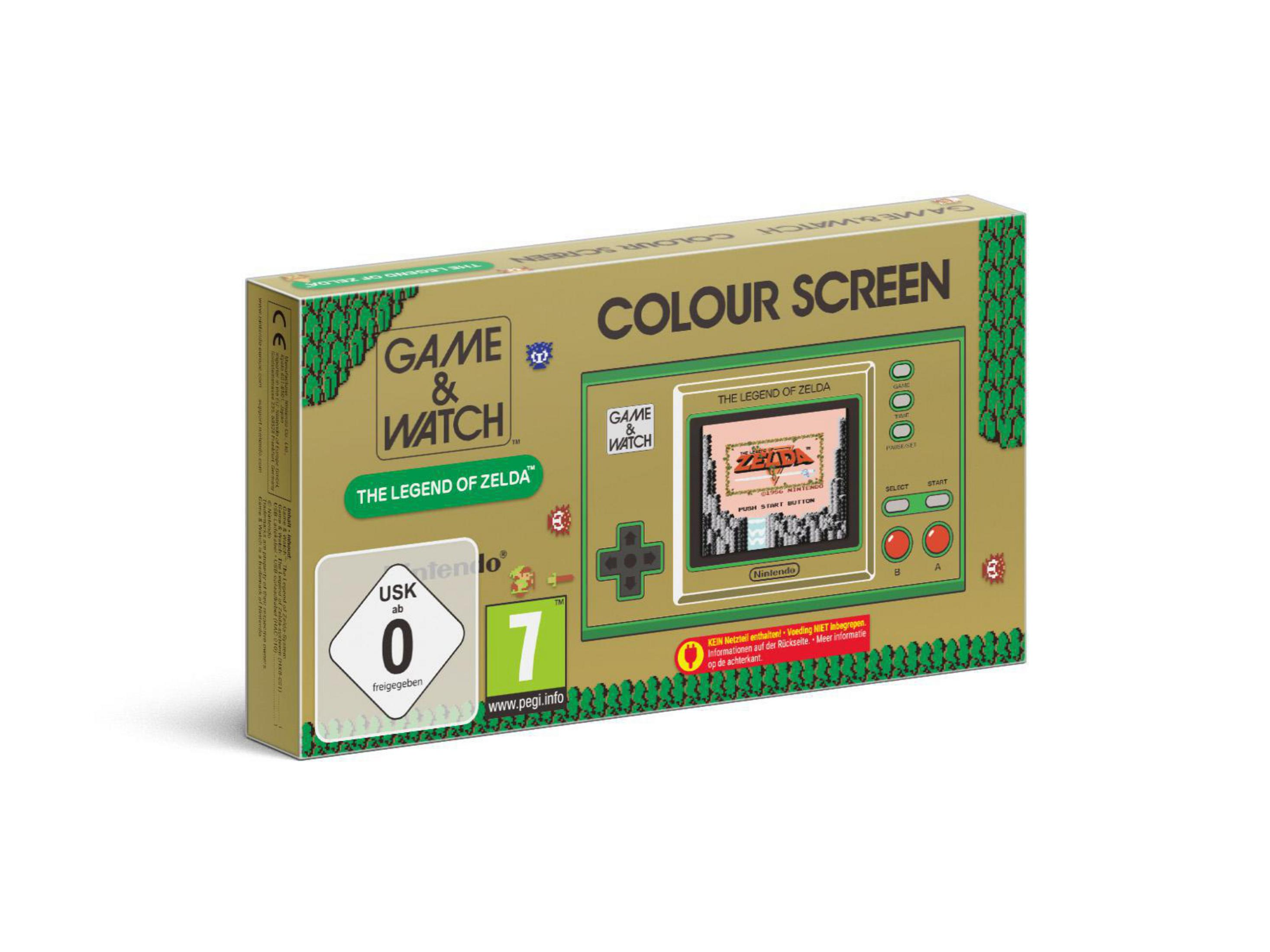 Game & Watch: The Legend of Zelda Box. Mit der Spielekonsole auf der Vorderseite.