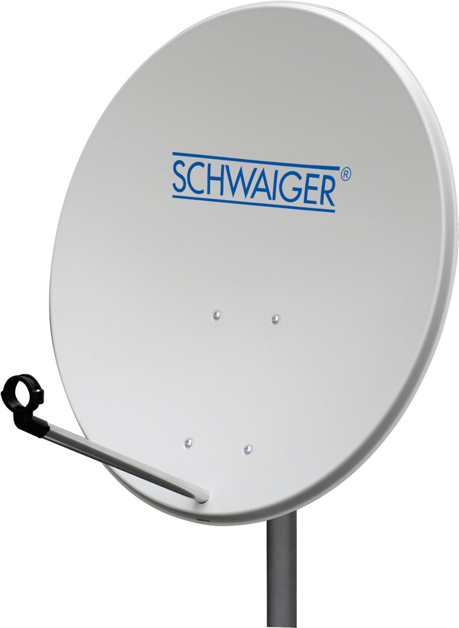 Eine weiße Satellitenschüssel mit dem Wort SCHWAIGER in Blau, montiert an einem Mast.