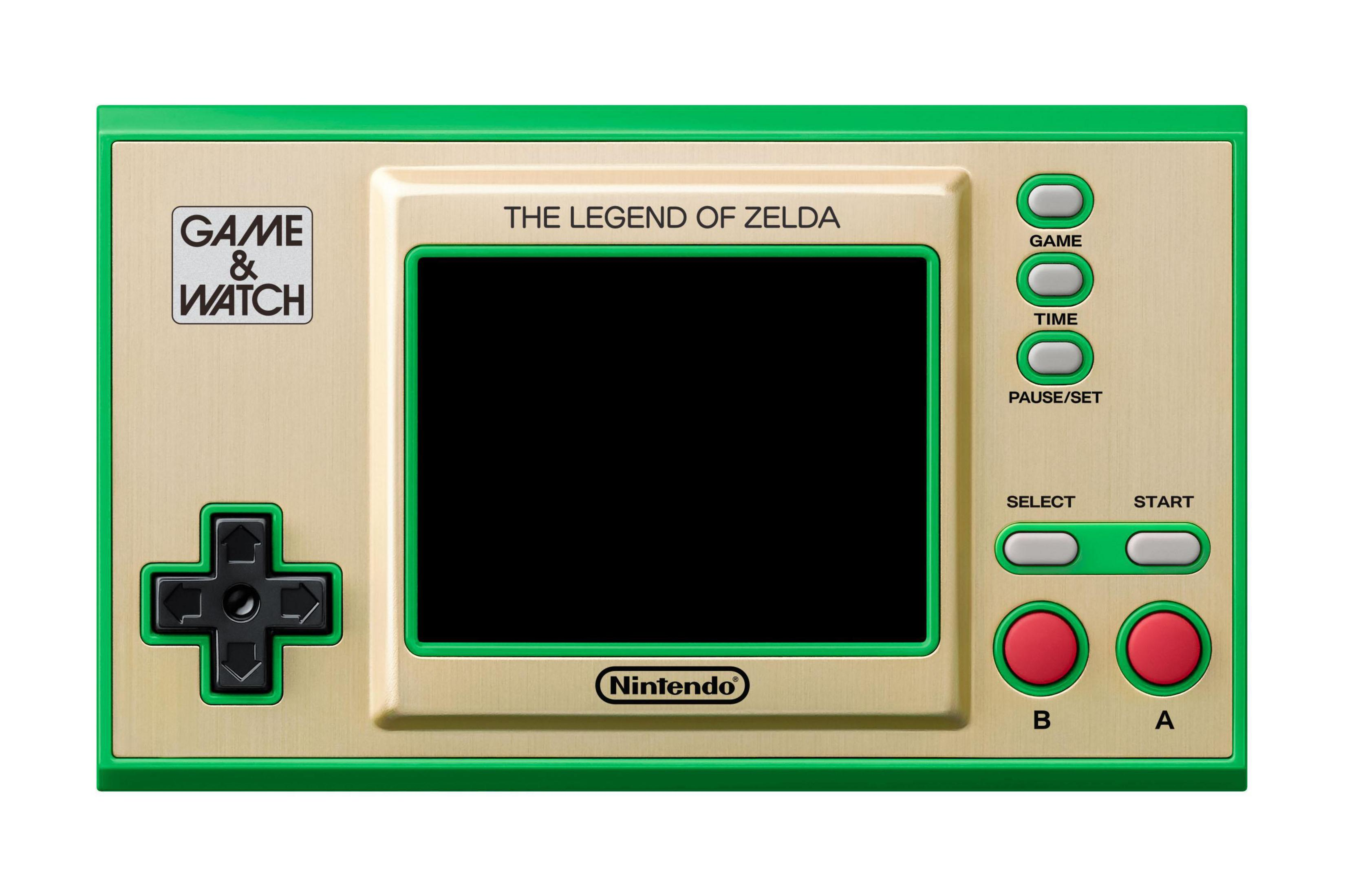 Zelda Game & Watch Handheld-Spiel, grün und beige.