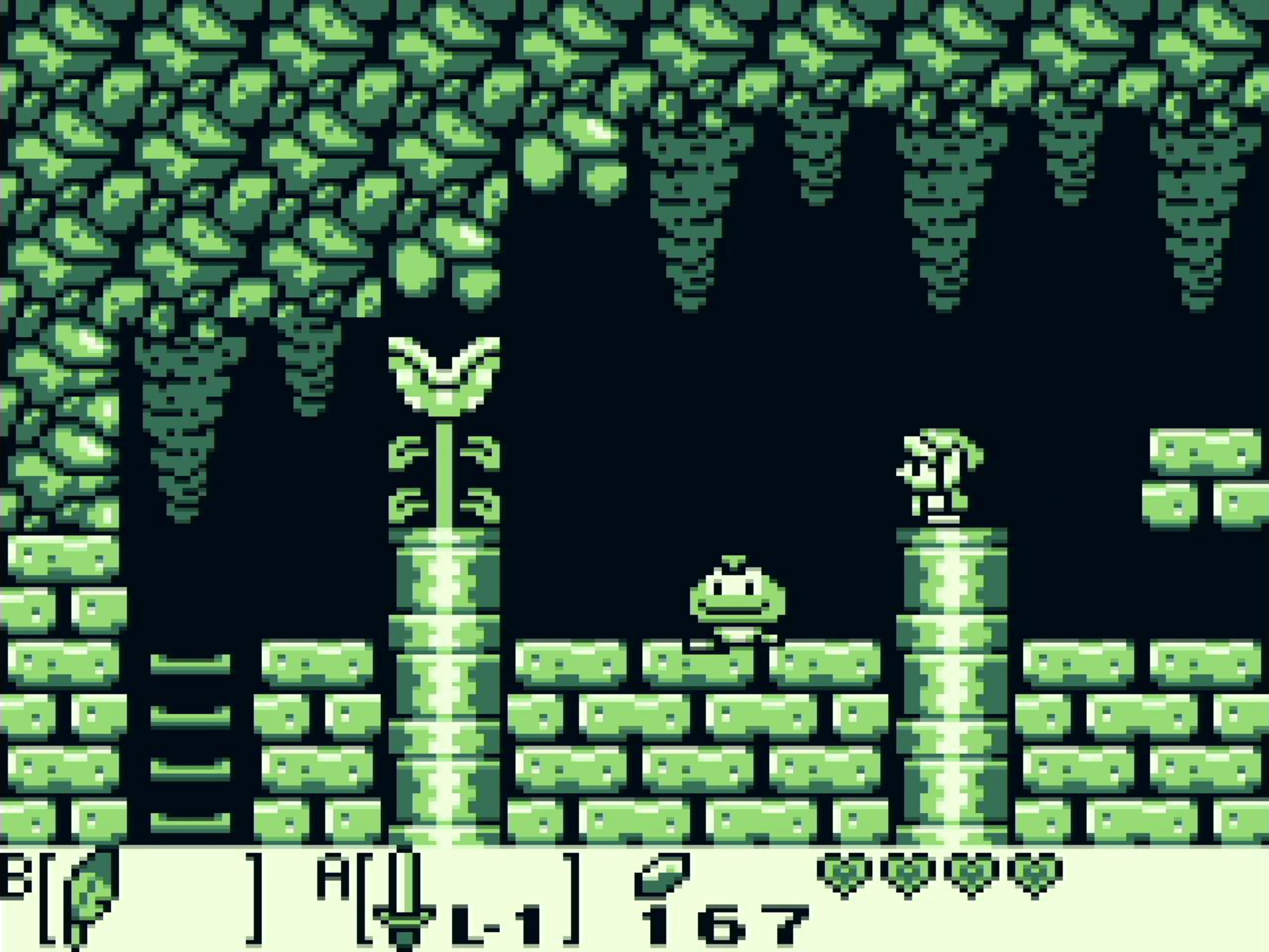 Ein verpixelter Screenshot aus einem Retro-Videospiel, eine Figur auf einer Plattform.
