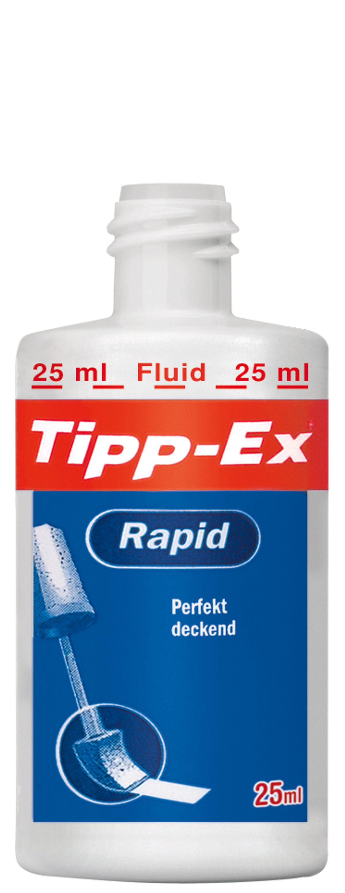Eine weiße Flasche Tipp-Ex Rapid mit Etikett und Pinsel.
