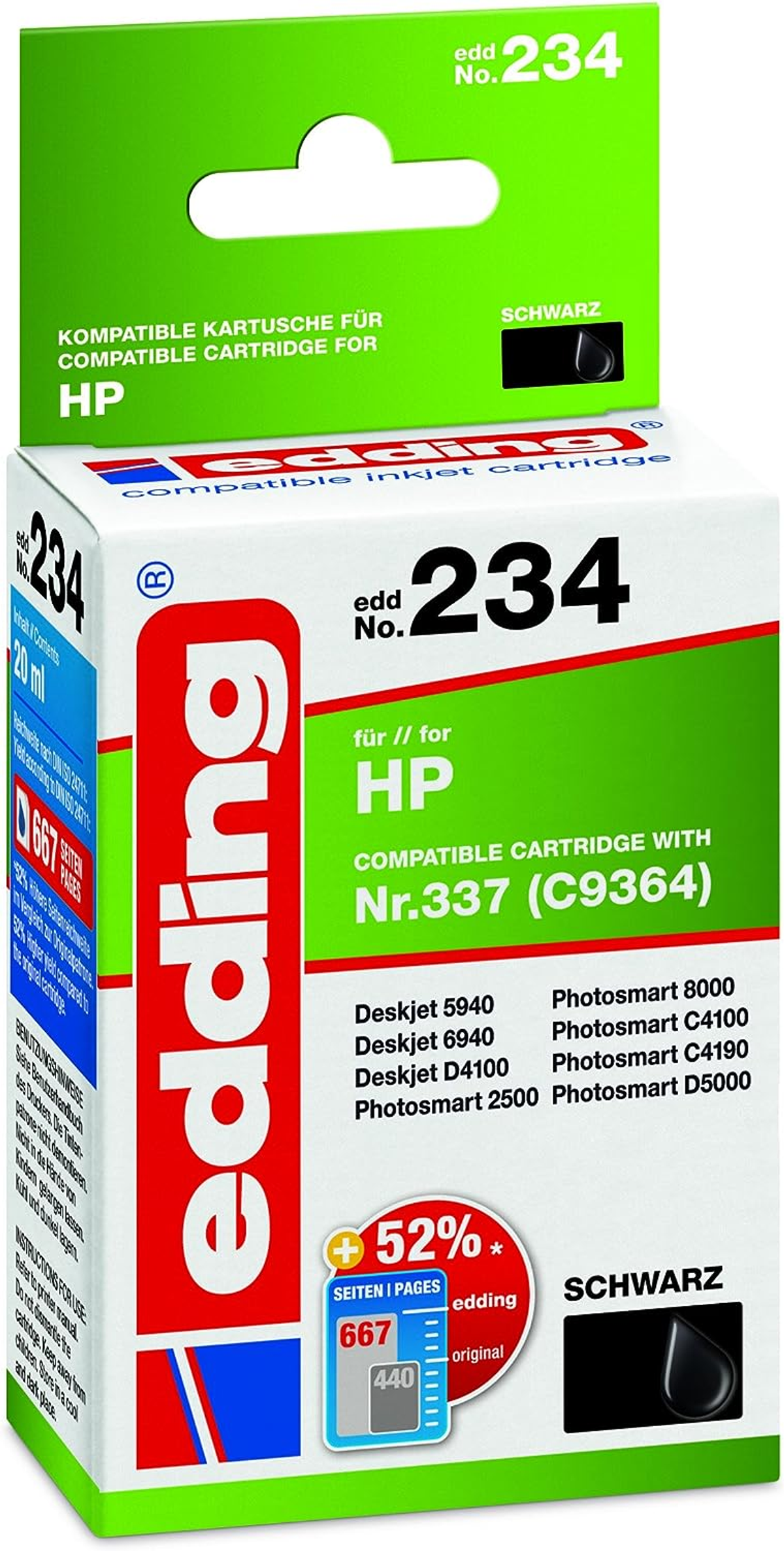 Scatola di cartucce d'inchiostro nero per stampanti HP, con etichetta Edding.