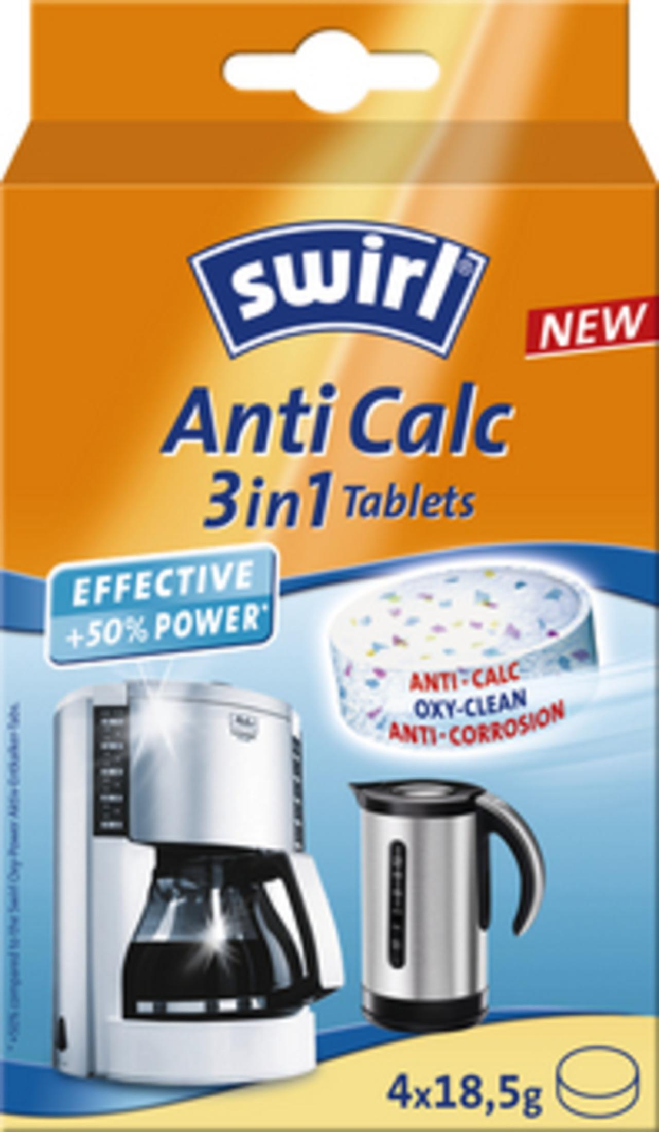 Schachtel mit Swirl Anti Calc 3-in-1 Tabletten. Bilder einer Kaffeemaschine und eines Wasserkochers.