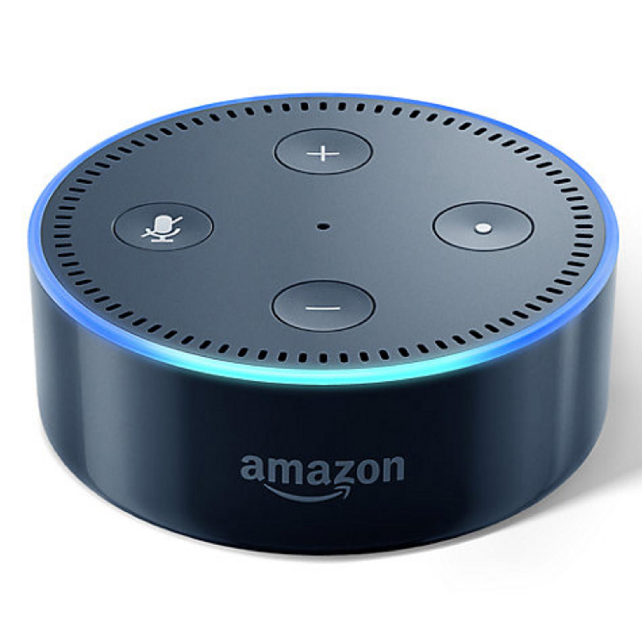 Kleiner, dunkelblauer Amazon Echo Dot-Lautsprecher mit Lichtring. Das Wort Amazon steht darauf.