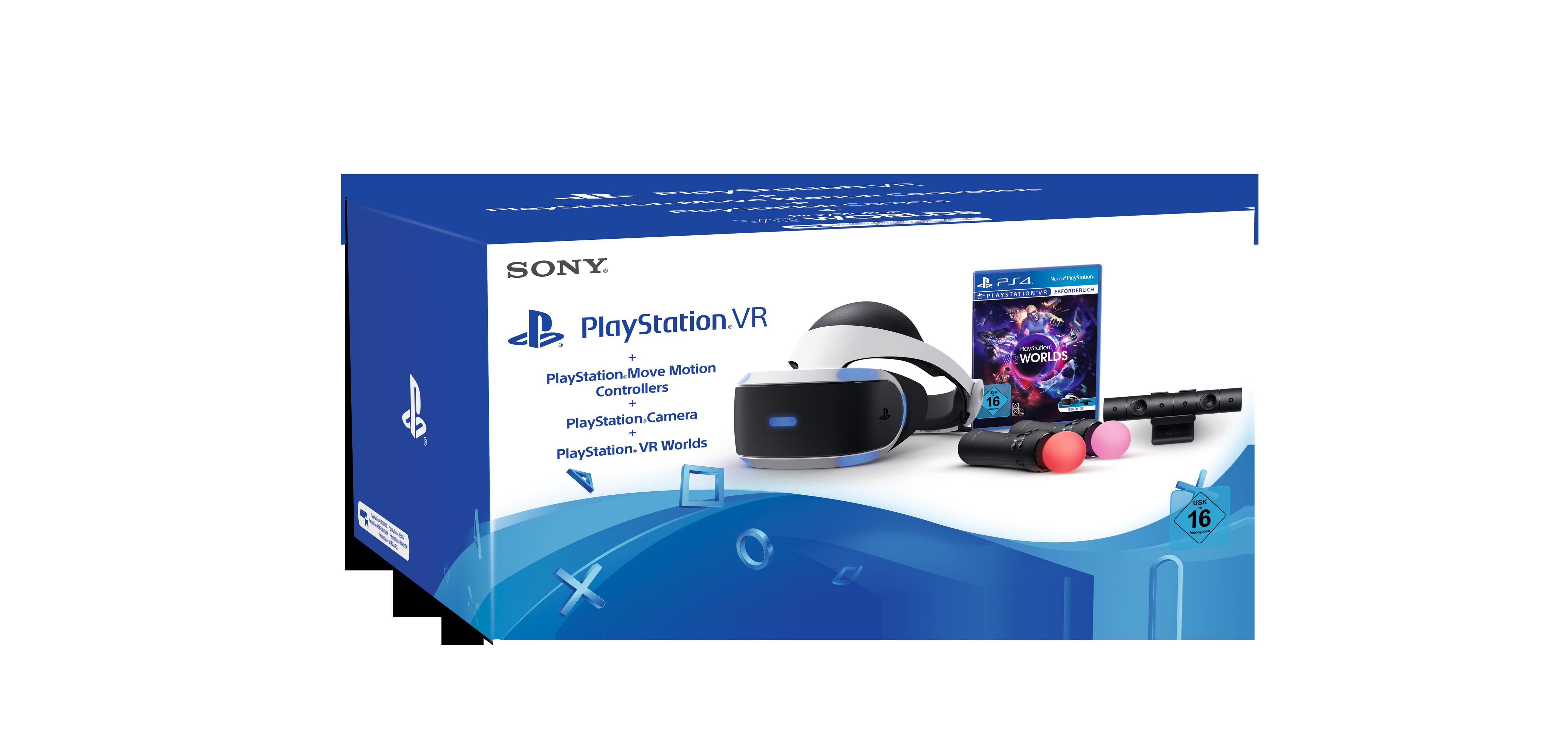 PlayStation VR Box mit Headset, Controllern, Spiel und Zubehör.