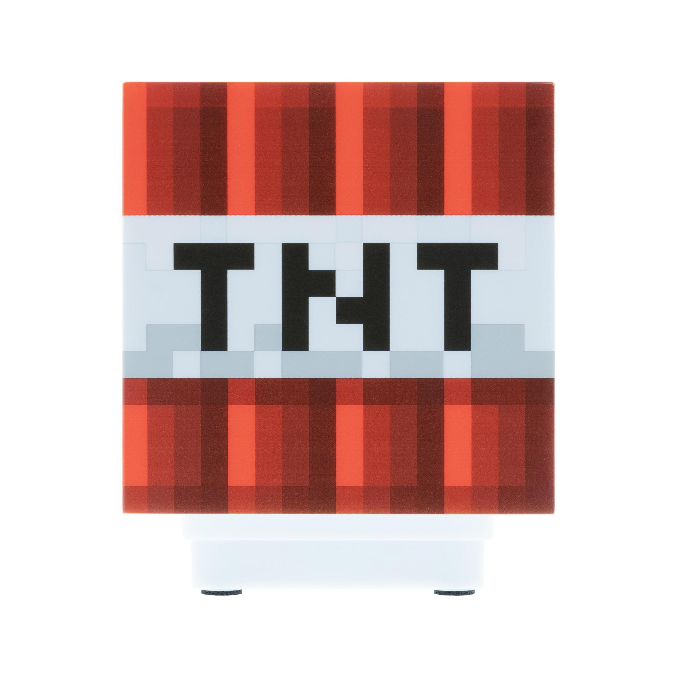 Lampa z bloku TNT z gry Minecraft. Czerwone i białe kwadraty z napisem "TNT" w kolorze czarnym.