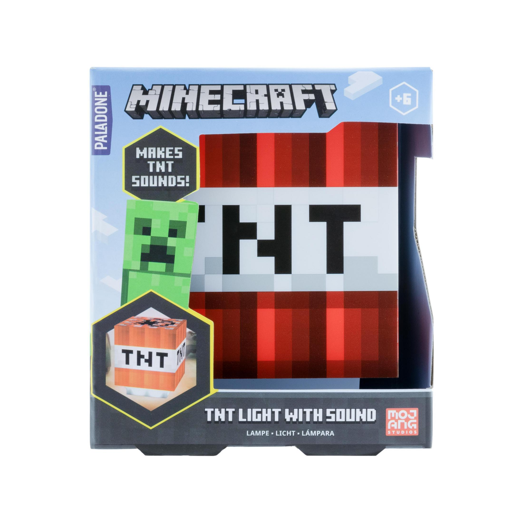 Pudełko TNT z Minecraft. Zawiera Creepera z boku, tekst 'TNT' i napis 'MAKES TNT SOUNDS!'