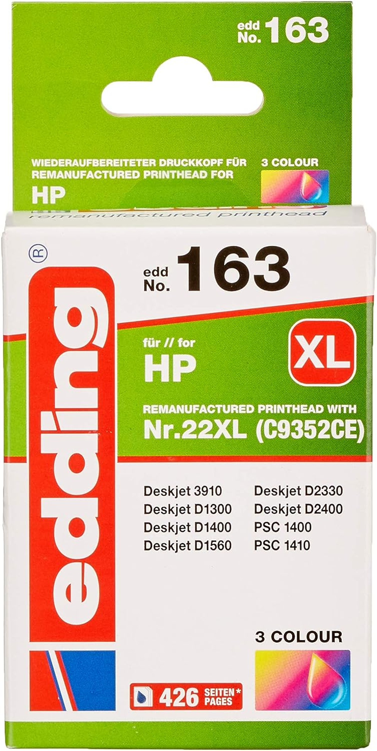 HP wiederaufbereiteter Druckkopf Karton. Grün, weiß und rot. Nummer 163 steht drauf.