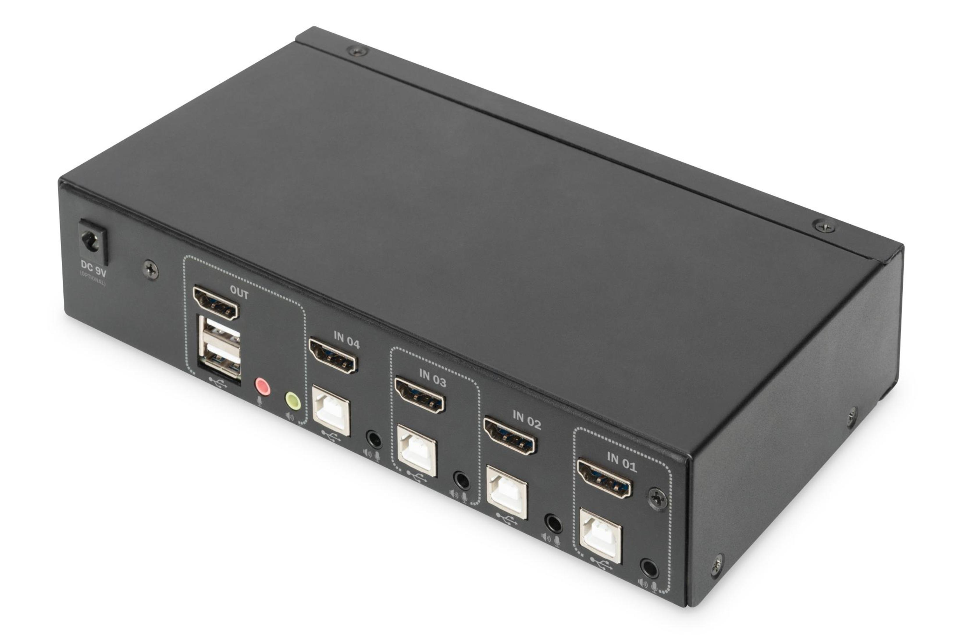 Uno switch KVM nero con varie porte e ingressi. Include porte HDMI e USB.